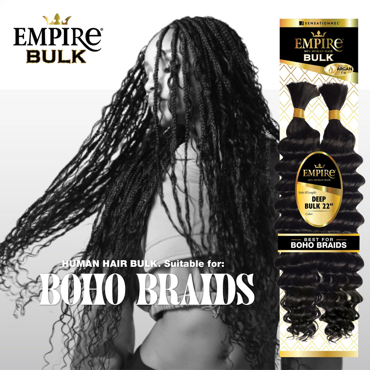 Sensationnel Hair Extensions Empire Bulk 22-inch Human Hair, BG Burgandy, for Knotless Boho Box Braids or Curly Loose Wave