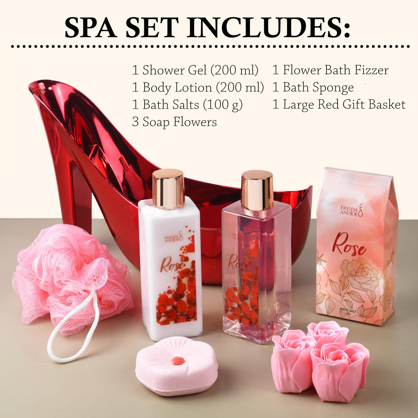 Elegant Bath Set in High Heel Shoe - Luxurious Spa Gift Basket for Women, Includes Shower Gel, Body Lotion, Bath Salts, Soap Flowers, Bath Fizzer Beauty and Personal Care Freida and Joe