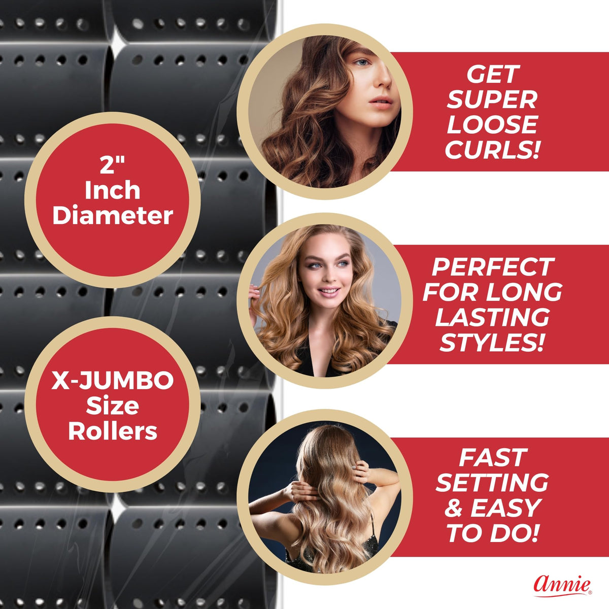 Annie Magnetic Hair Rollers 2 Inch, 12 Count Gray Curlers for Smooth Curls & Waves, Easy Dry or Damp Sets, Secure Comfortable Fit, Use with Pins/Clips