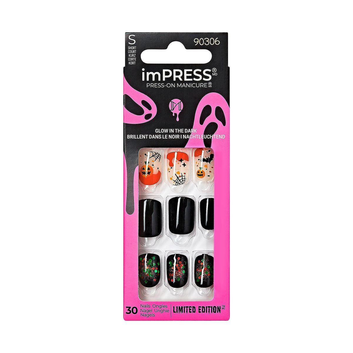 KISS imPRESS Press-On Manicure Halloween, Black, Short Length, Square Shape, PureFit Technology, Chip Proof, Smudge Proof, Waterproof, Prep Pad, Mini