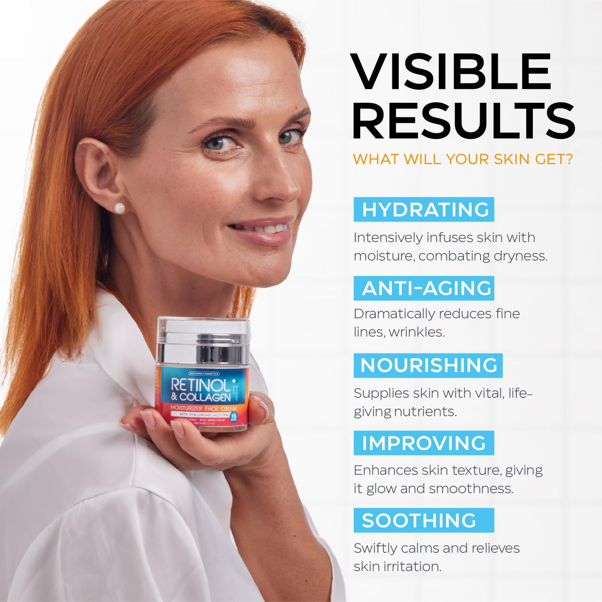 Retinol Cream for Face with Hyaluronic Acid, Day-Night Anti-Aging Moisturizer for Women, Men, Collagen Cream for Face Reduces Wrinkles, Dryness, 1.85 Beauty & Personal Care MOONRIN COSMETICS