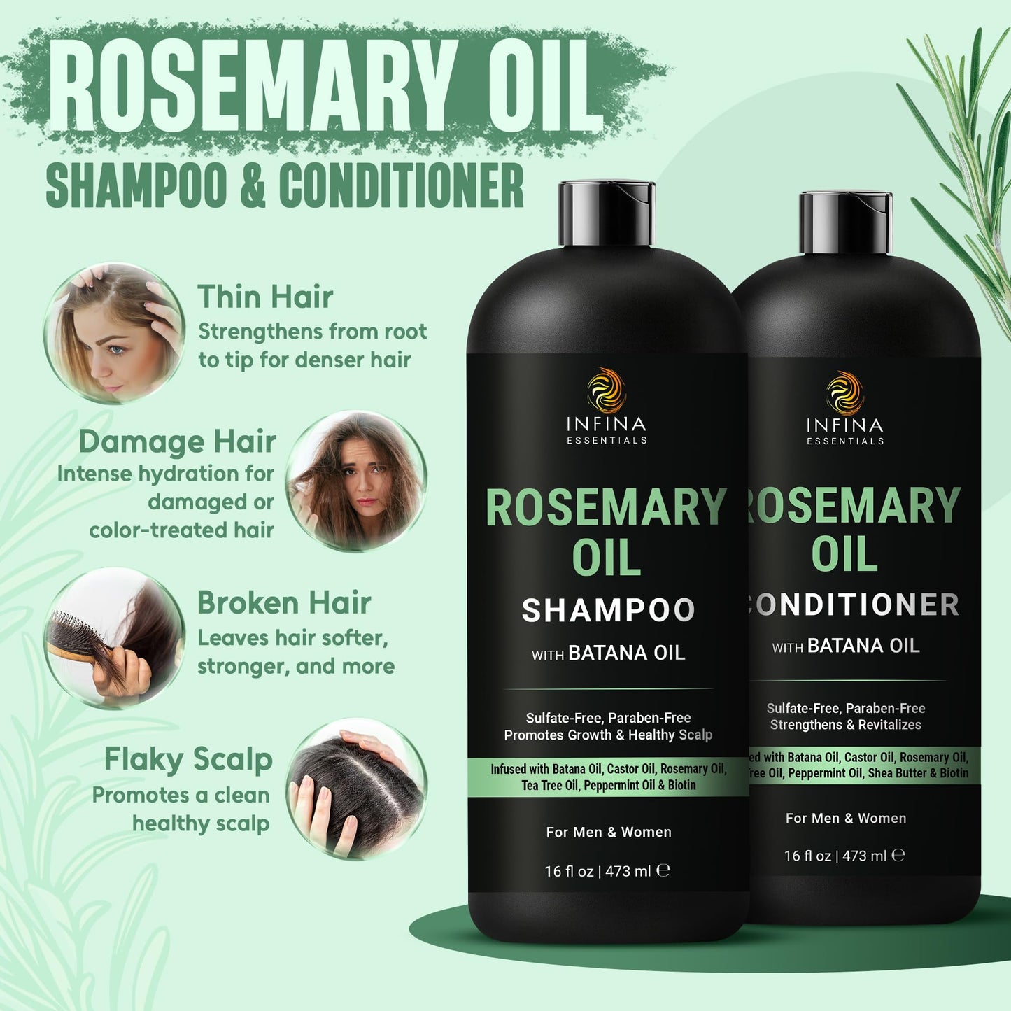 INFINA ESSENTIALS Rosemary Oil Shampoo and Conditioner Set | 16 fl oz Each | with Batana Oil & Biotin | Sulfate-Free Thickening Formula for Thinning Beauty & Personal Care INFINA ESSENTIALS