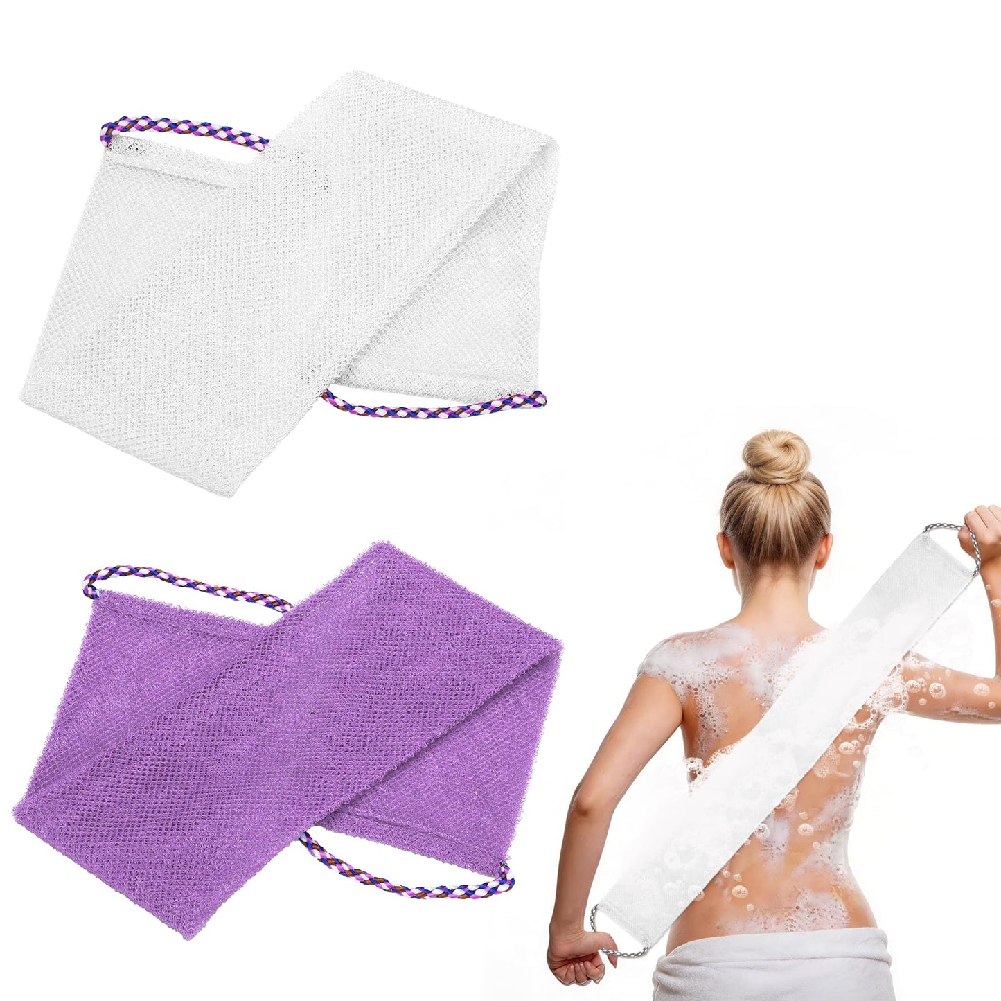 uxcell 2 Pcs Back Scrubber with Handles, Nylon Bath Sponge Extended, 29 Inch African Exfoliating Long Net Body Scrubber Shower Loofah for Women Men Beauty and Personal Care uxcell