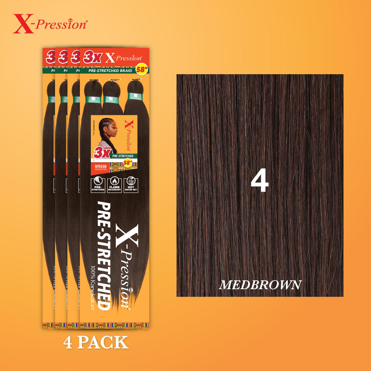 Sensationnel X-Pression Prestretched Braids-3X 58in,4pk 4 MEDBROWN