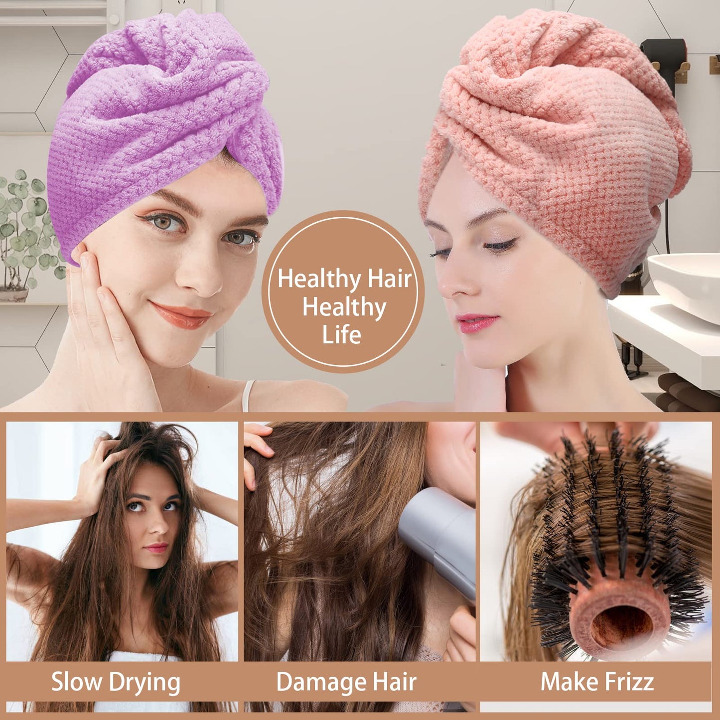 CZZXI 3 PCS Microfiber Hair Towel, Hair Wraps for Women Wet Hair, Fast Drying Hair Turban, Anti Frizz Head Towels Wrap for Curly Hair (Purple, Pink Beauty and Personal Care CZZXI