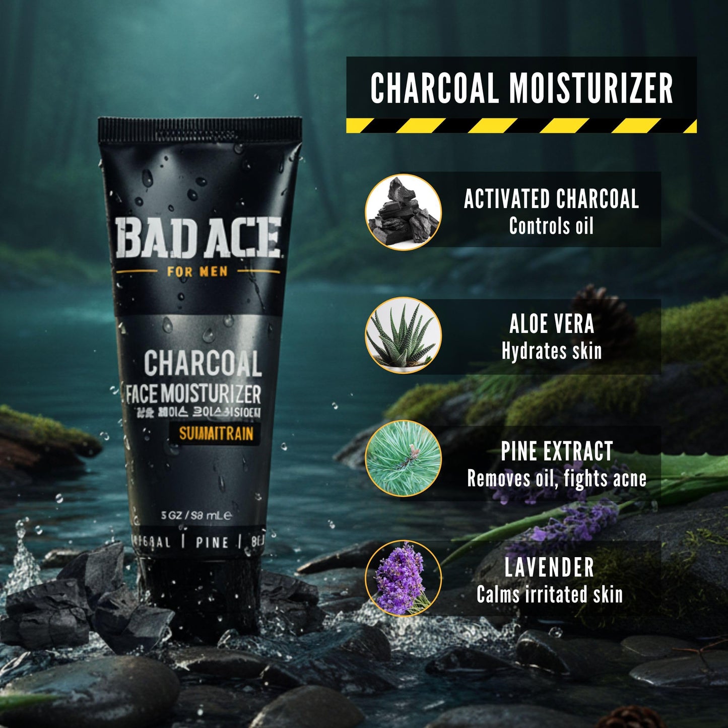 BAD ACE Daily Men's Face Moisturizer for Oily Skin, Premium Korean Skin Care Hydrating Facial Cream, Charcoal Face Lotion with Natural Extracts, Men’s Beauty & Personal Care BAD ACE