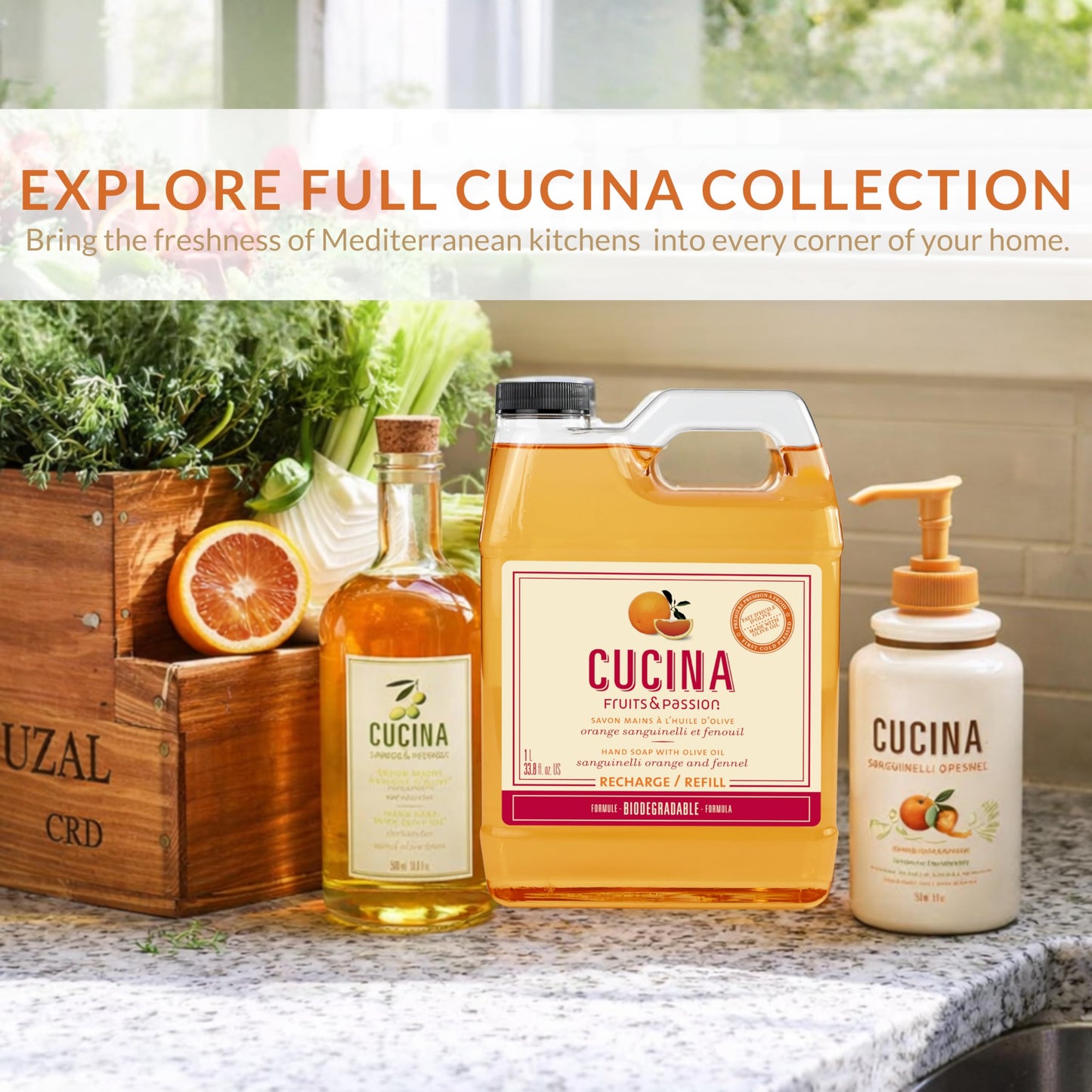 Cucina Fruits & Passion Hand Soap Refill, Orange & Fennel, 1 L (33.8 fl oz), Liquid Hand Soap with Moisturizing Olive Oil, Biodegradable, Vegan Beauty & Personal Care Cucina