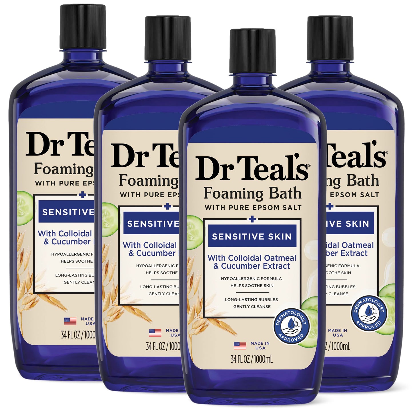Dr Teal's Foaming Bath with Pure Epsom Salt, Sensitive Skin with Colloidal Oatmeal & Cucumber, 34 fl oz (Pack of 4) Beauty and Personal Care Dr Teal's