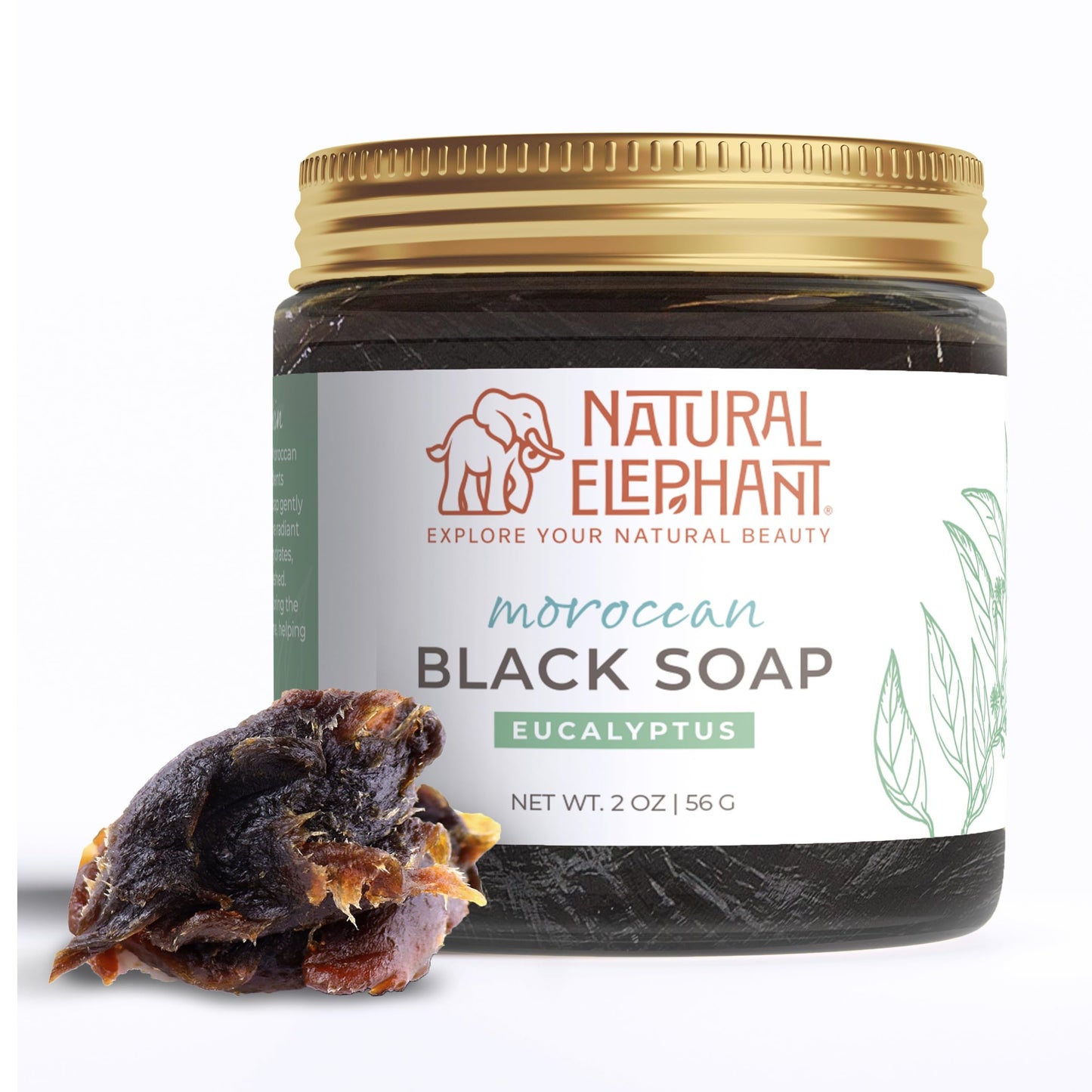 Natural Elephant Moroccan Black Soap | Travel Size 2oz | Eucalyptus Essential Oil | Traditional Hammam Beldi Soap, 100% Natural Ingredients, Ideal Beauty & Personal Care Natural Elephant