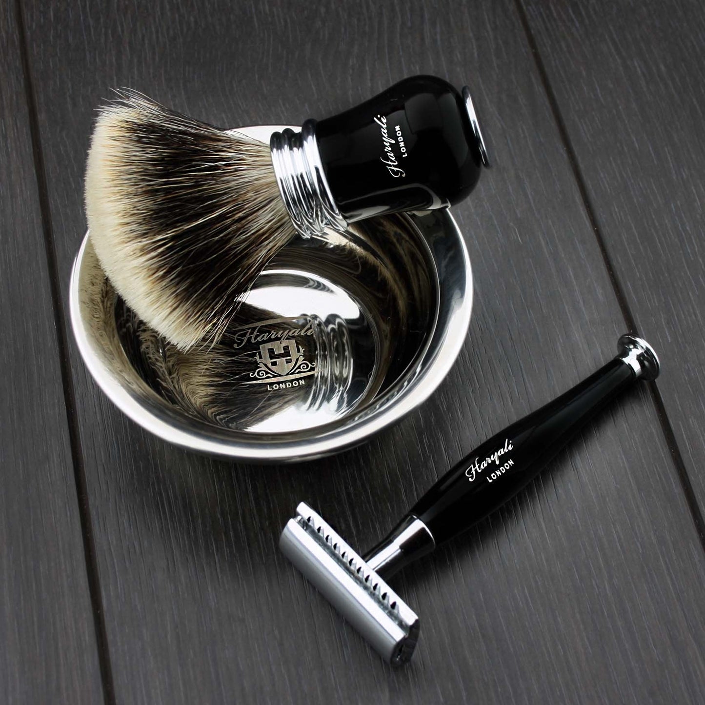 Ready to Use 4 Pcs Men's Shaving Set with Double Edge Safety Razor, Sliver Tip Badger Hair Brush, Stand and Steel Soap Bowl Beauty and Personal Care Haryali London