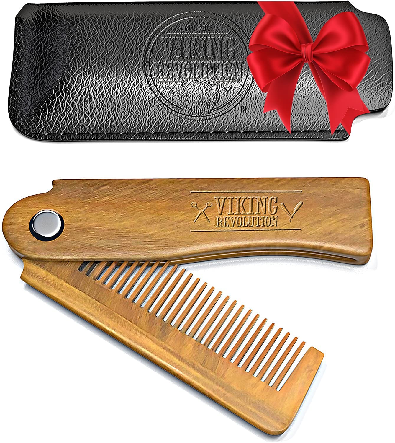 Folding Beard Comb w/Carrying Pouch for Men - All Natural Wooden Beard Comb w/Gift Box - Green Sandalwood Comb for Grooming & Combing Hair, Beards Beauty & Personal Care Viking Revolution
