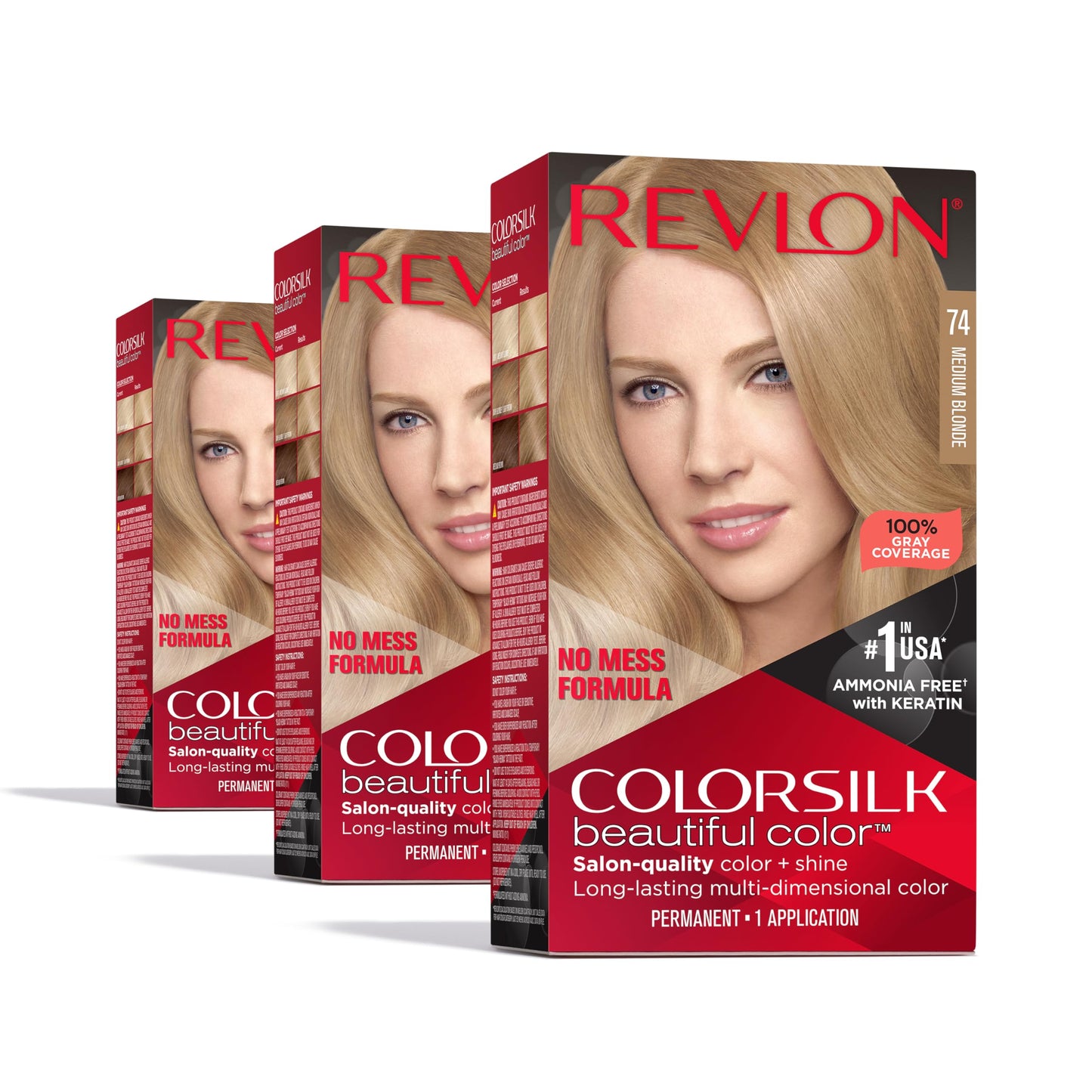 Revlon ColorSilk Permanent Hair Color, 100% Gray Coverage Dye Kit, Ammonia-Free, Keratin and Amino Acids, Blonde Shades, 74 Medium Blonde (Pack of 3) Beauty & Personal Care REVLON