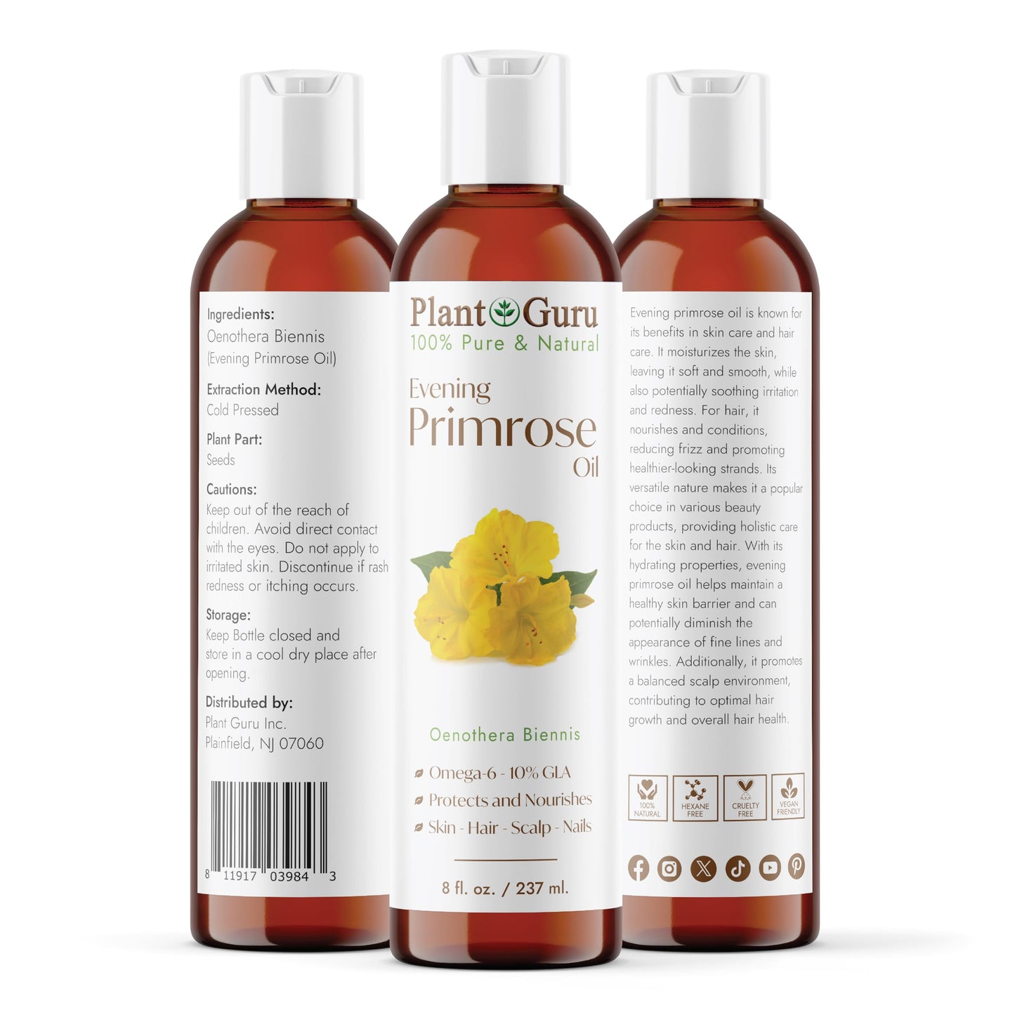 Plant Guru Evening Primrose Oil 8 fl. oz. Cold Pressed 100% Pure Natural Carrier - Skin, Face, Body and Hair Growth Moisturizer. Great For DYI Soap Beauty & Personal Care Plant Guru