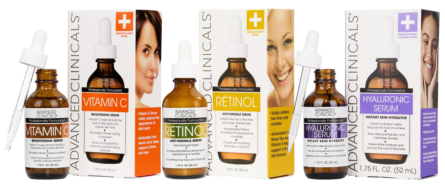 Advanced Clinicals Retinol Serum For Face + Hyaluronic Acid Moisturizer + Vitamin C Serum 3PC Skincare Set For Women & Men | Anti Aging Serums Beauty & Personal Care Advanced Clinicals