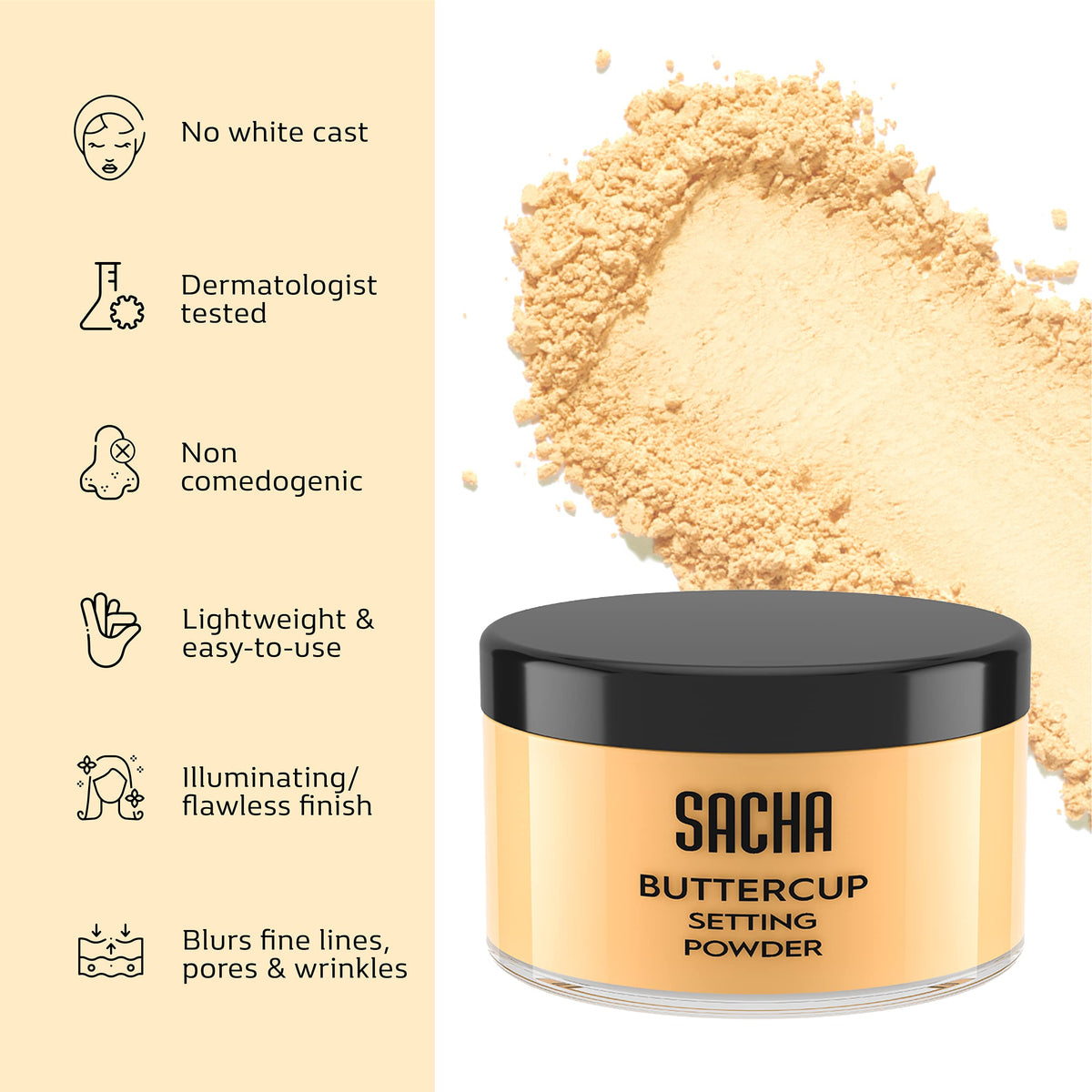 Sacha Buttercup Setting Powder - Medium to Deep Skin Tones Translucent Loose Face Powder, Flashback-Resistant, Oil Control, Long-Wear Matte Finish