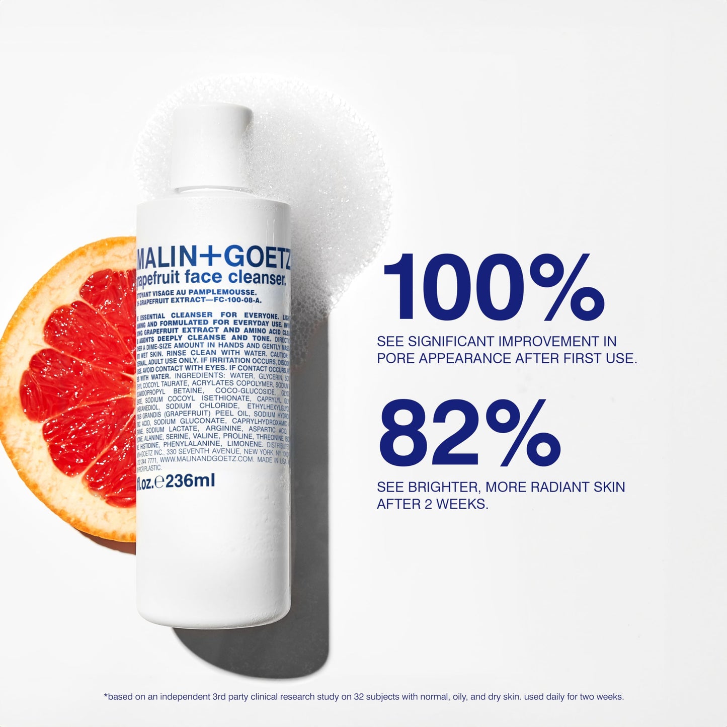 MALIN+GOETZ Grapefruit Face Cleanser | Gentle 3-in-1 Foaming Gel Vitamin-Rich Grapefruit, Amino Acids + Coconut-Based Surfactants | Purifies, Balances Beauty & Personal Care MALIN+GOETZ