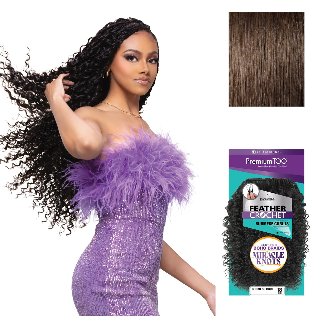 Sensationnel PremiumToo Feather Crochet Braid-Burmese Curl,18in, 4 MEDBROWN