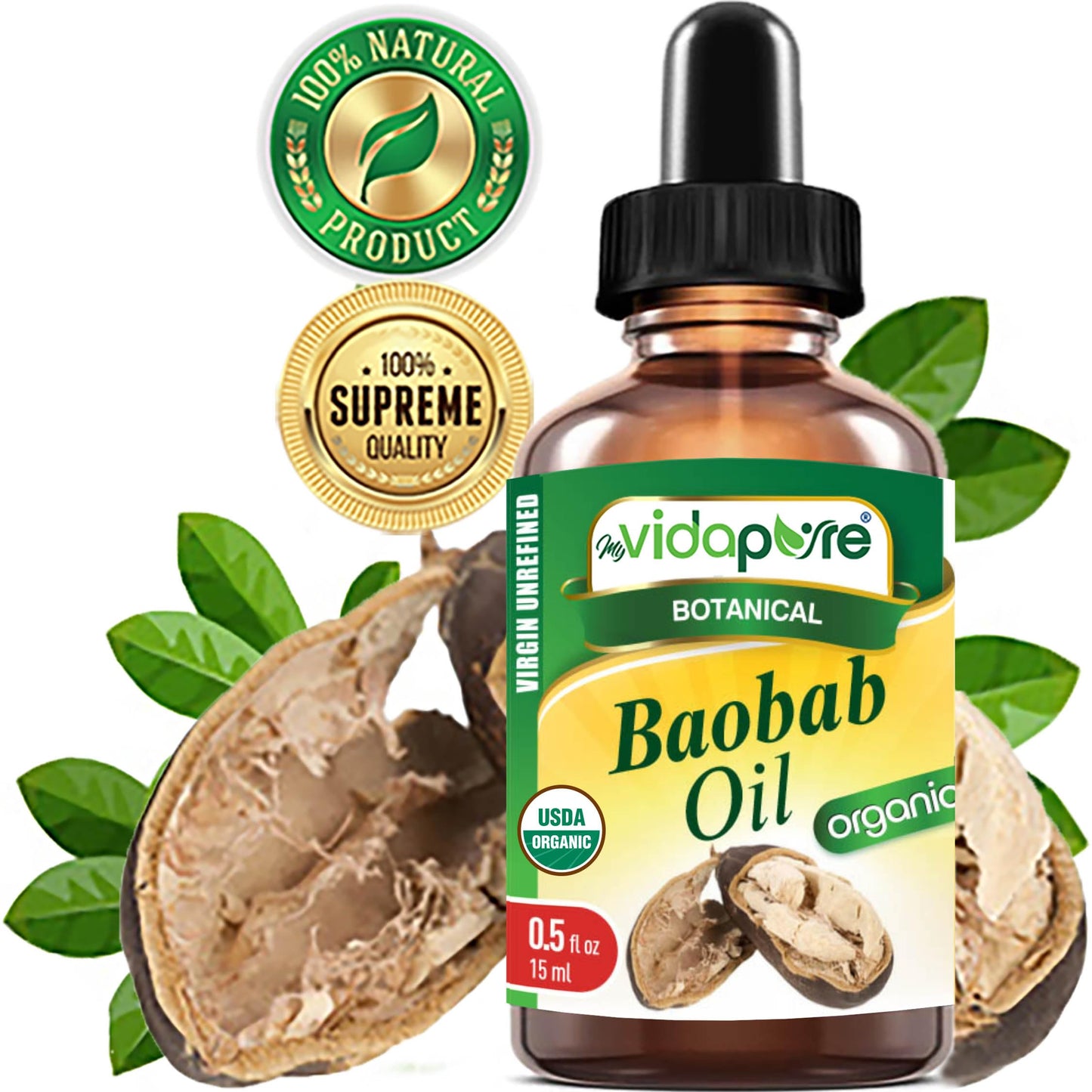 MYVIDAPURE Organic BAOBAB OIL Certified Organic 100% Natural Pure VIRGIN UNREFINED for Skin, Face, Hair, Lip and Nail Care (0.5 Fl Oz) Beauty & Personal Care MYVIDAPURE