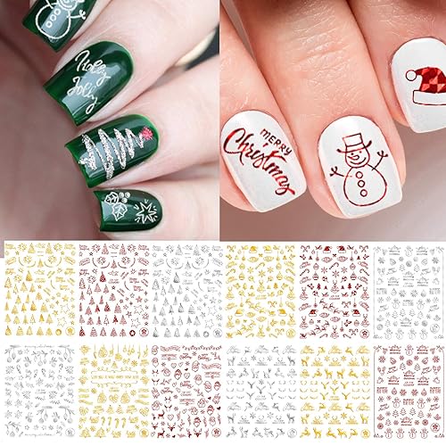 Adurself 12 Sheets Christmas Nail Art Decals Xmas 3D Nail Self-Adhesive Stickers Santa Claus Reindeer Snowflakes Snowmen for Women Girls Kids Beauty & Personal Care Adurself
