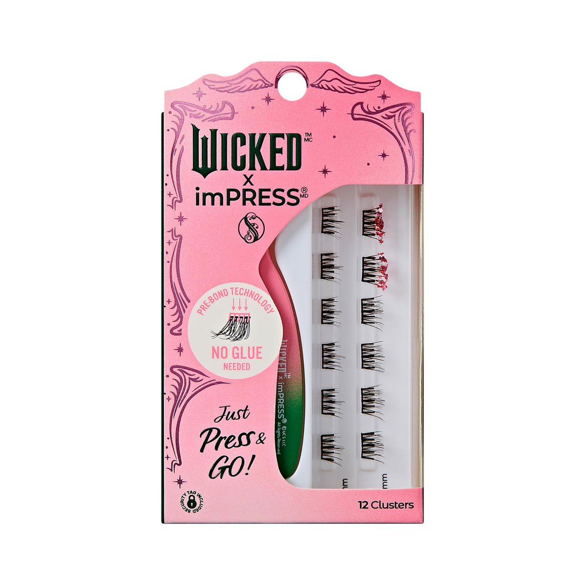WICKED X imPRESS Press On Self Adhesive Eyelashes, ‘Welcome to OZ’, 8mm-10mm Natural Volume Press On Lashes, Pink Glitter, No Glue Needed, 12 Lash