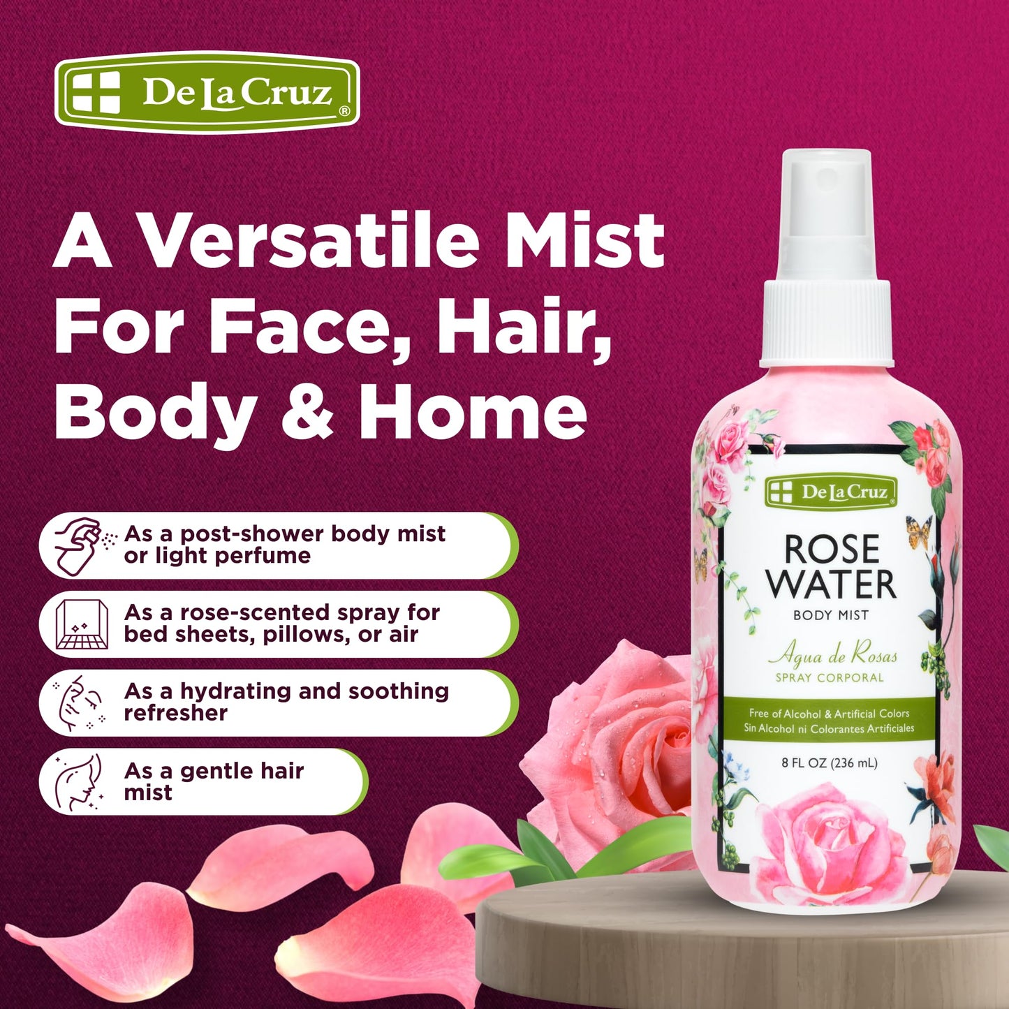 De La Cruz Pure Rose Water Body Mist,Rosewater Spray for Face, Skin & Hair,Toner & Rose Water for Hair Alcohol Free, Paraben Free 8 fl oz (1 Bottles) Beauty & Personal Care De La Cruz