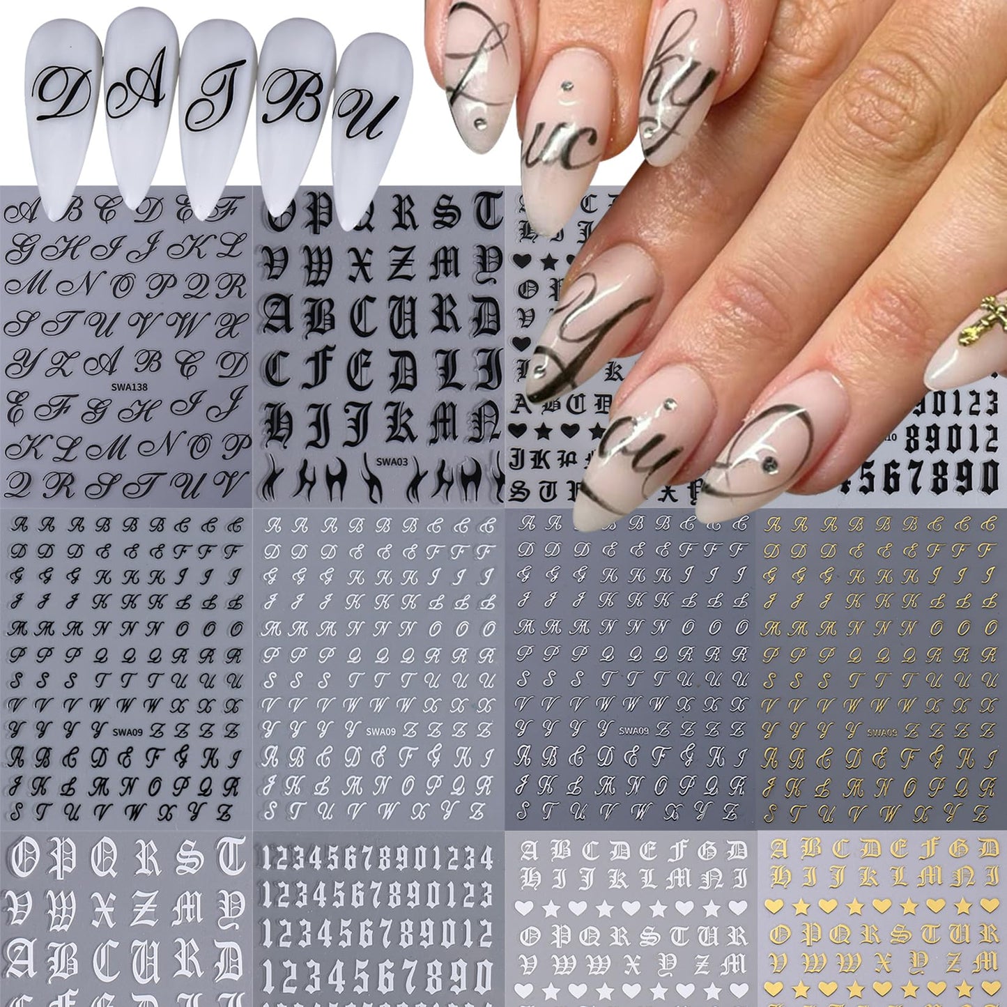 Letters Nail Art Stickers Decals 12 Sheets Alphabet Initial Nail Decals 3D Self-Adhesive White Black Gold Old English Gothic Letter Sticker for Nails Beauty and Personal Care STZPRONAIL Default Title