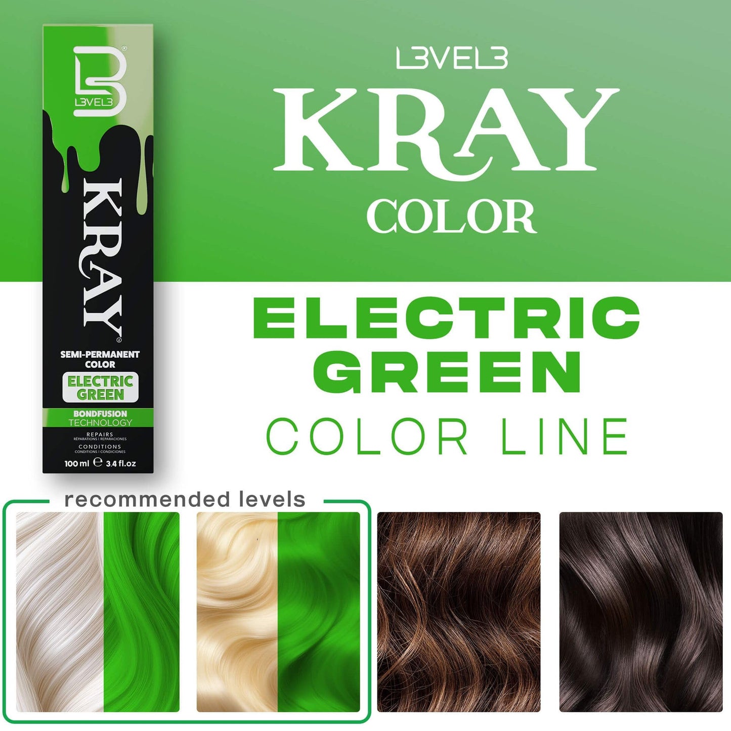 L3 - Level 3 Electric Semi Permanent Hair Color - Vibrant Long Lasting Shine - Argan Oil Protection - 100 ml - Electric Green Beauty & Personal Care L3