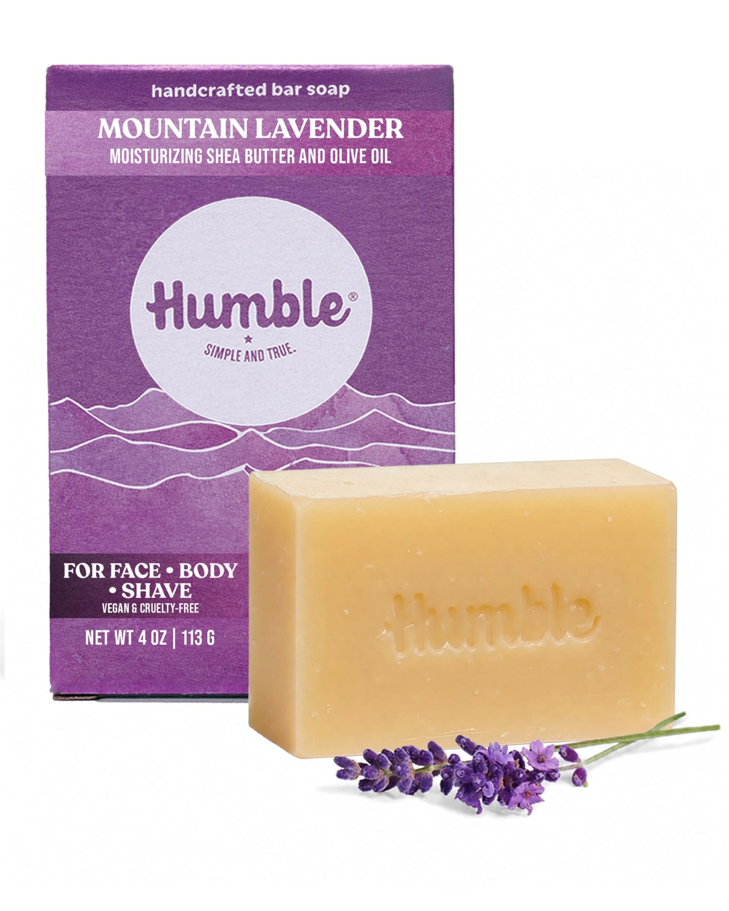 Humble Natural Bar Soap, Mountain Lavender - Cold Processed Face & Body Soap Bar with Essential Oils - Moisturizing Formula for Long-Lasting Beauty & Personal Care HUMBLE SIMPLE AND TRUE.