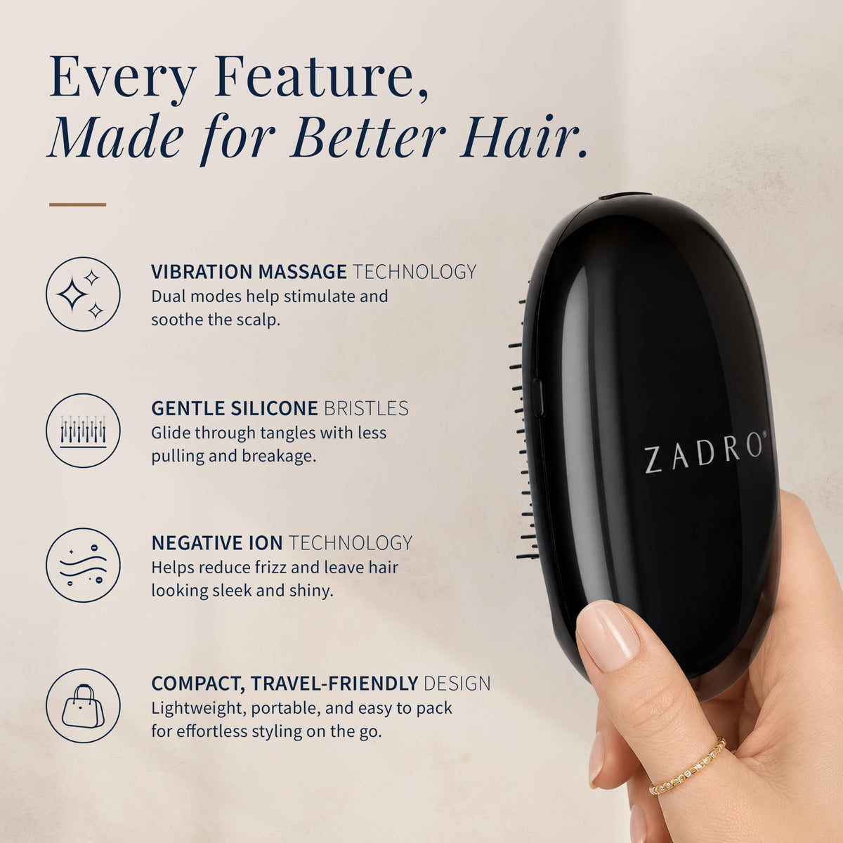 Zadro Detangling Massage Brush with Negative Ion Technology