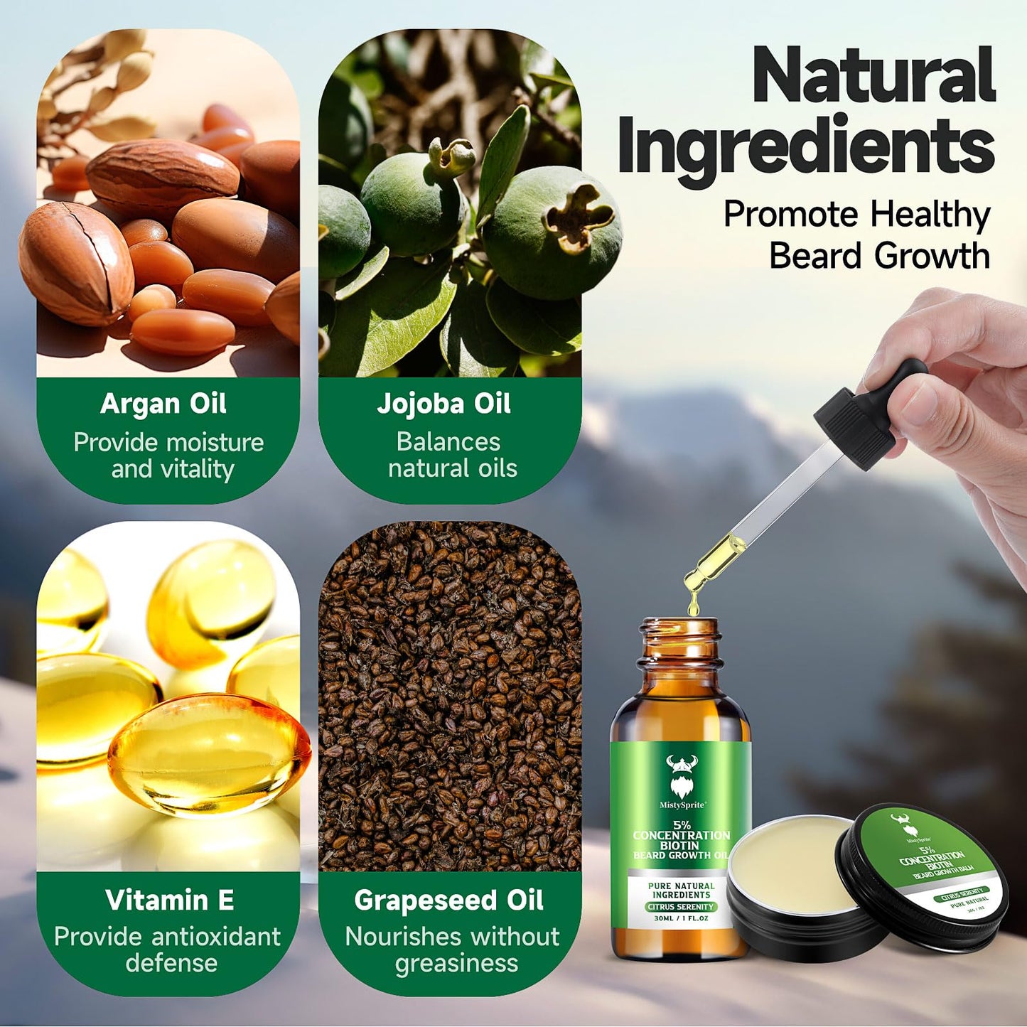 Beard Growth Oil & Beard Balm - Beard Growth Kit with 5% Concentration Biotin for Men, Natural Ingredients with Argan Oil, Jojoba Oil and Vitamin Beauty and Personal Care MistySprite