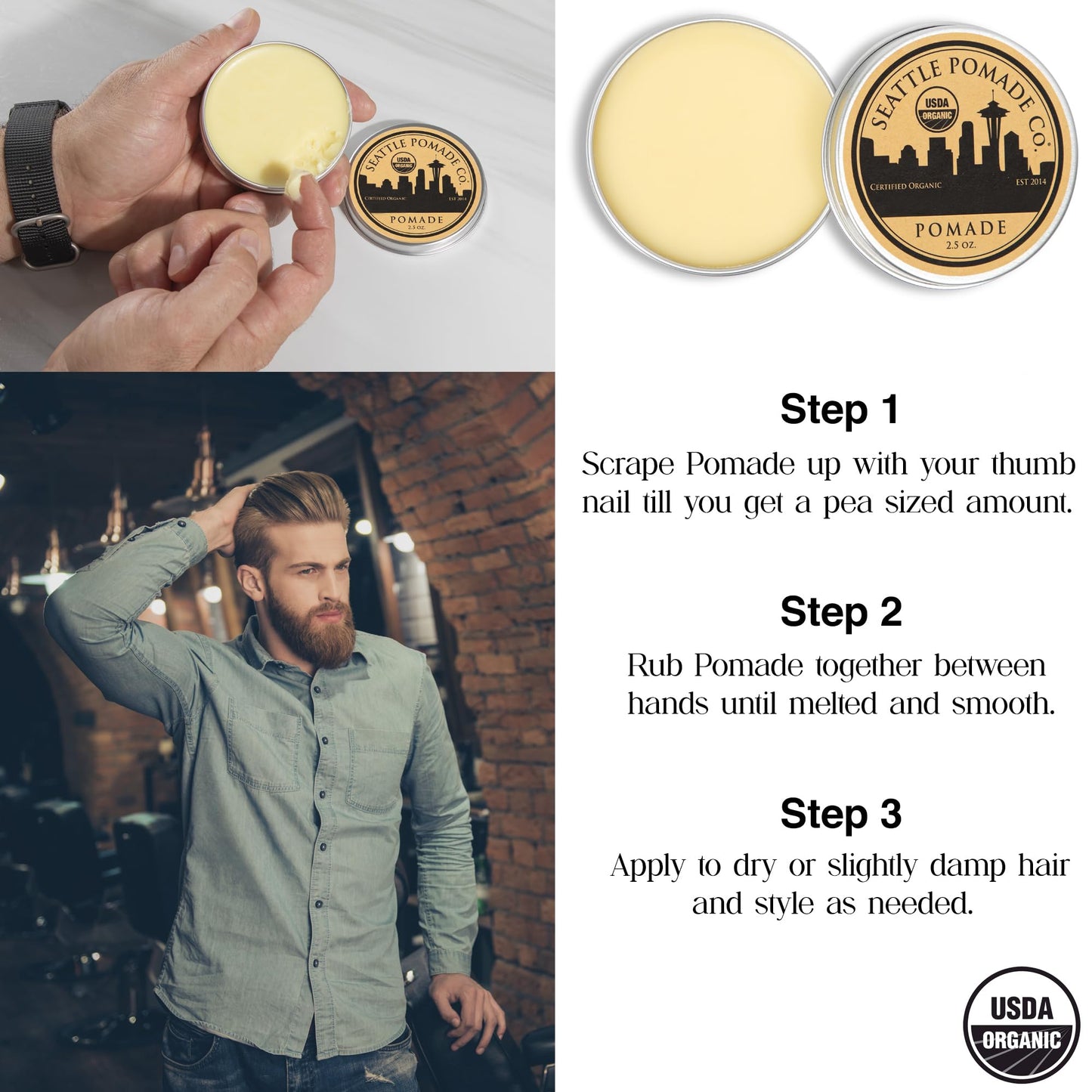 Seattle Pomade Co. USDA Certified Organic Pomade. Medium Hold & High Shine, Hair Styling Formula Non GMO, Made with organic materials from around the Beauty & Personal Care SEATTLE POMADE CO. EST 2014 HANDMADE IN SEATTLE, WA POMADE