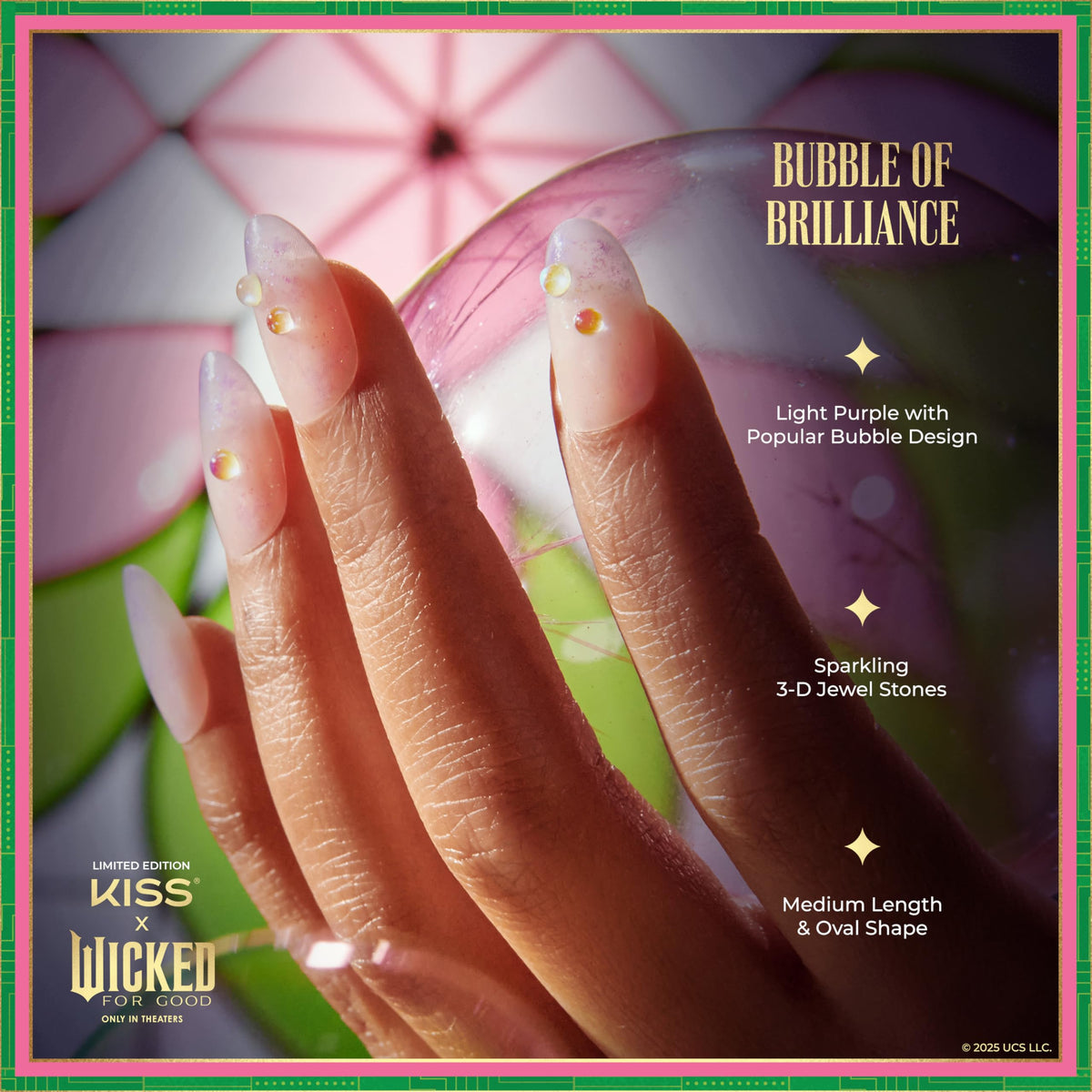 KISS X WICKED: FOR GOOD Press On Nails, ‘Bubble Of Brilliance’, Purple, Medium Oval, Waterproof, Chip Proof, Smudge Proof, 28 Fake Nails, Pink Gel