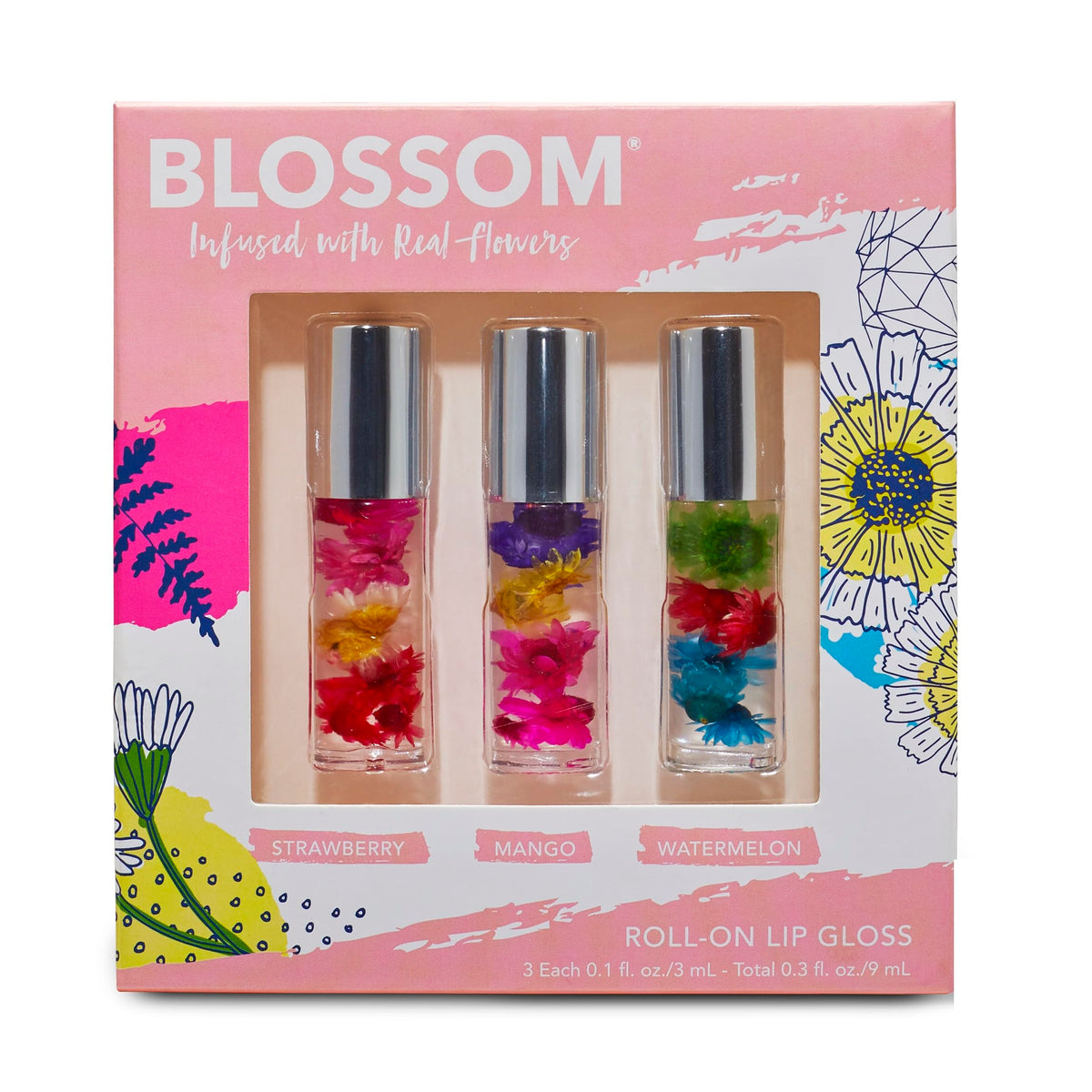 Blossom Roll on Lip Gloss, Scented Clear High Shine Moisturizing Lip Oil, Non Sticky, Infused with Real Flowers, Made in USA, 0.3 fl. oz./9ml, 3 pack Beauty & Personal Care Blossom