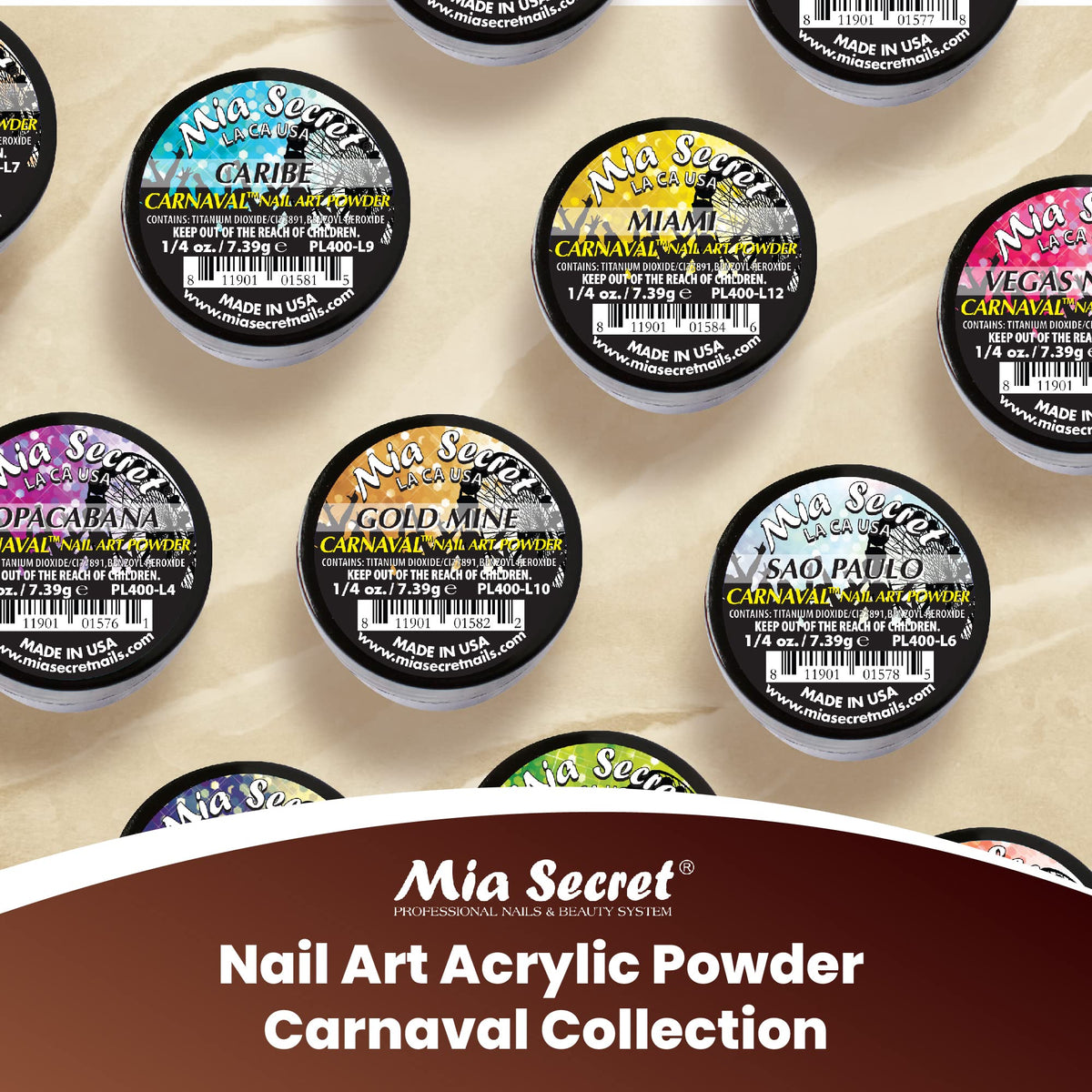 Mia Secret Nail Art Acrylic Powder Carnaval Collection.