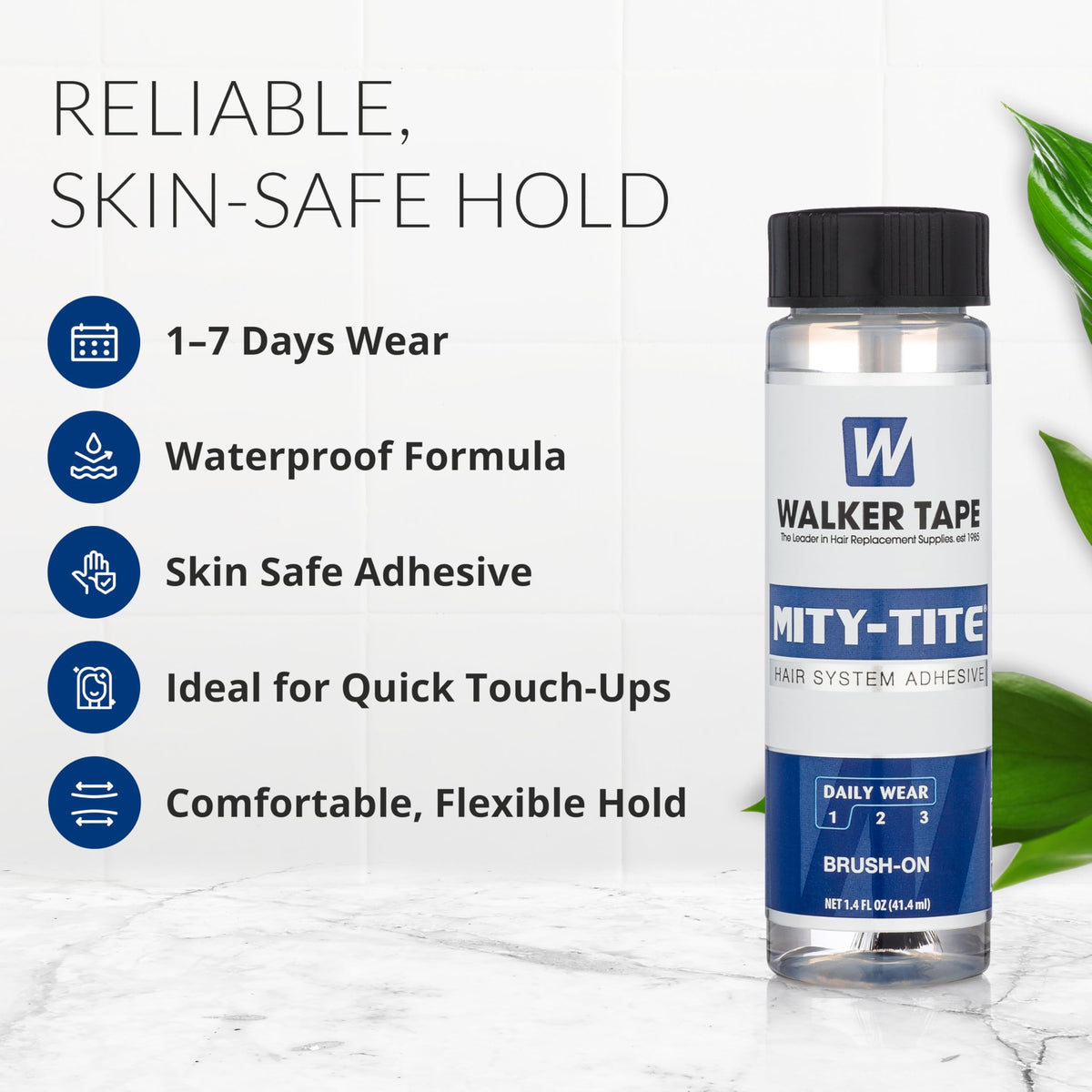 Walker Tape Mity-Tite Brush-On Adhesive 1.4 fl oz, Daily Wear Acrylic Bond for Touch-Ups, Skin-Safe Waterproof Lace Glue Alternative for Lace Wigs