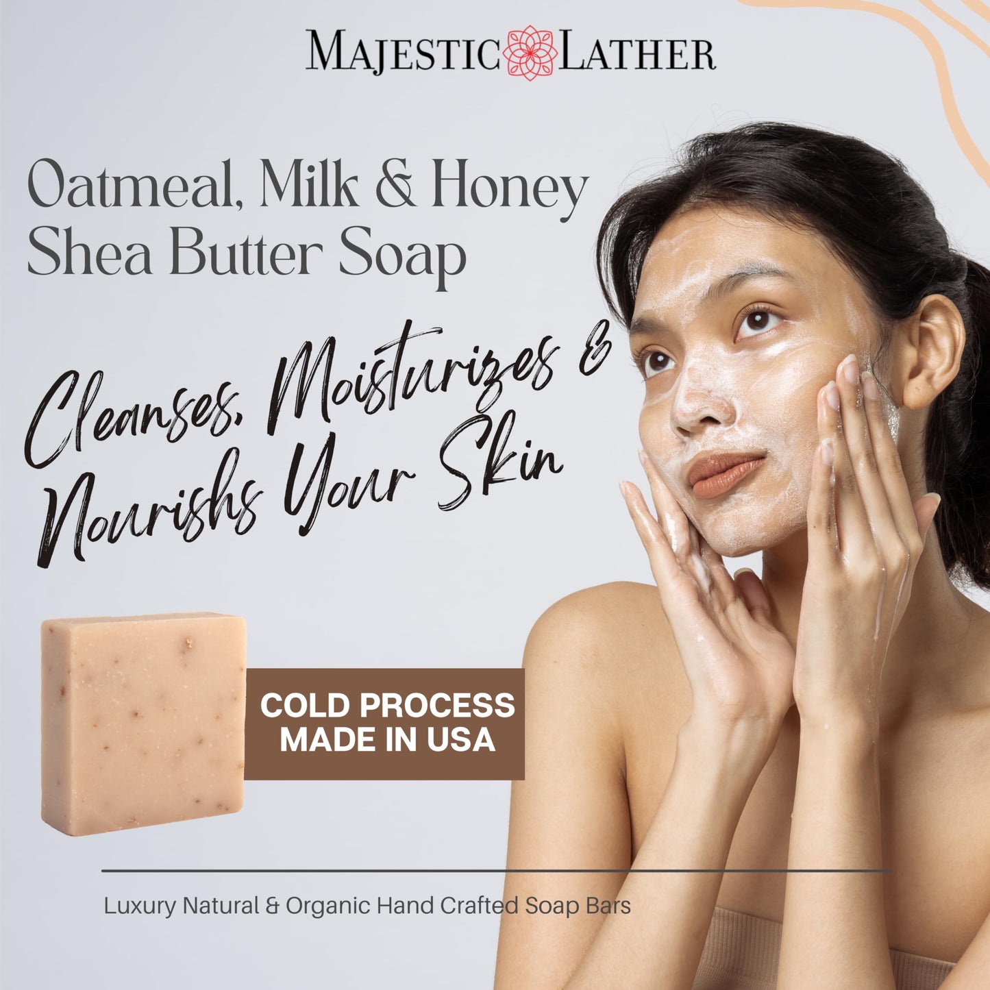 Majestic Lather Oatmeal, Milk & Honey Luxury Bar Soap For Face & Body - Gentle Skin Cleansing & Soothing with Colloidal Oatmeal, Shea Butter & Natural Beauty & Personal Care Majestic Lather