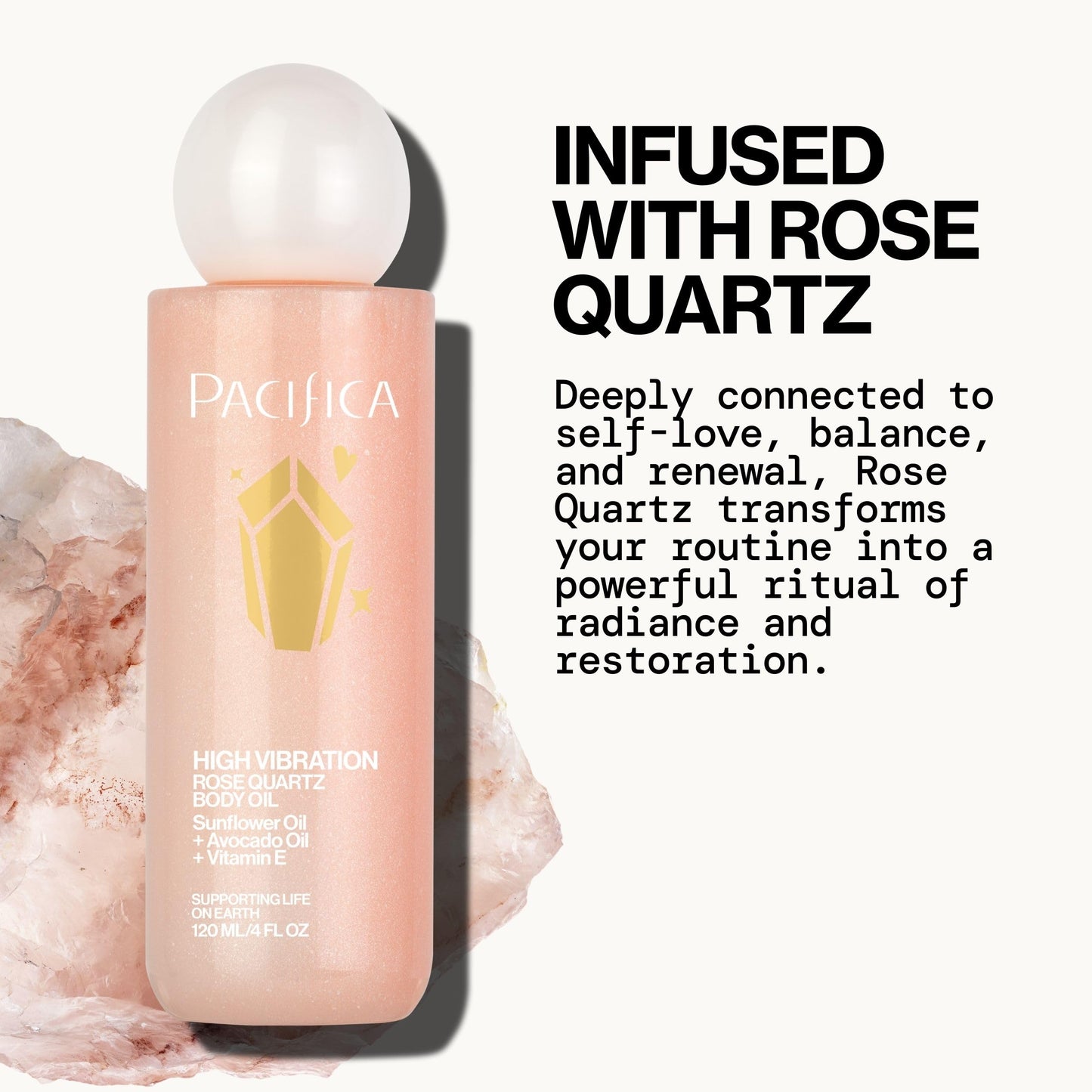Pacifica Rose Quartz Body Oil - High Vibration Hydrating Body Oil with Natural Plant Oils & Rose Quartz Crystals, Moisturizing & Nourishing, Vegan Beauty & Personal Care Pacifica