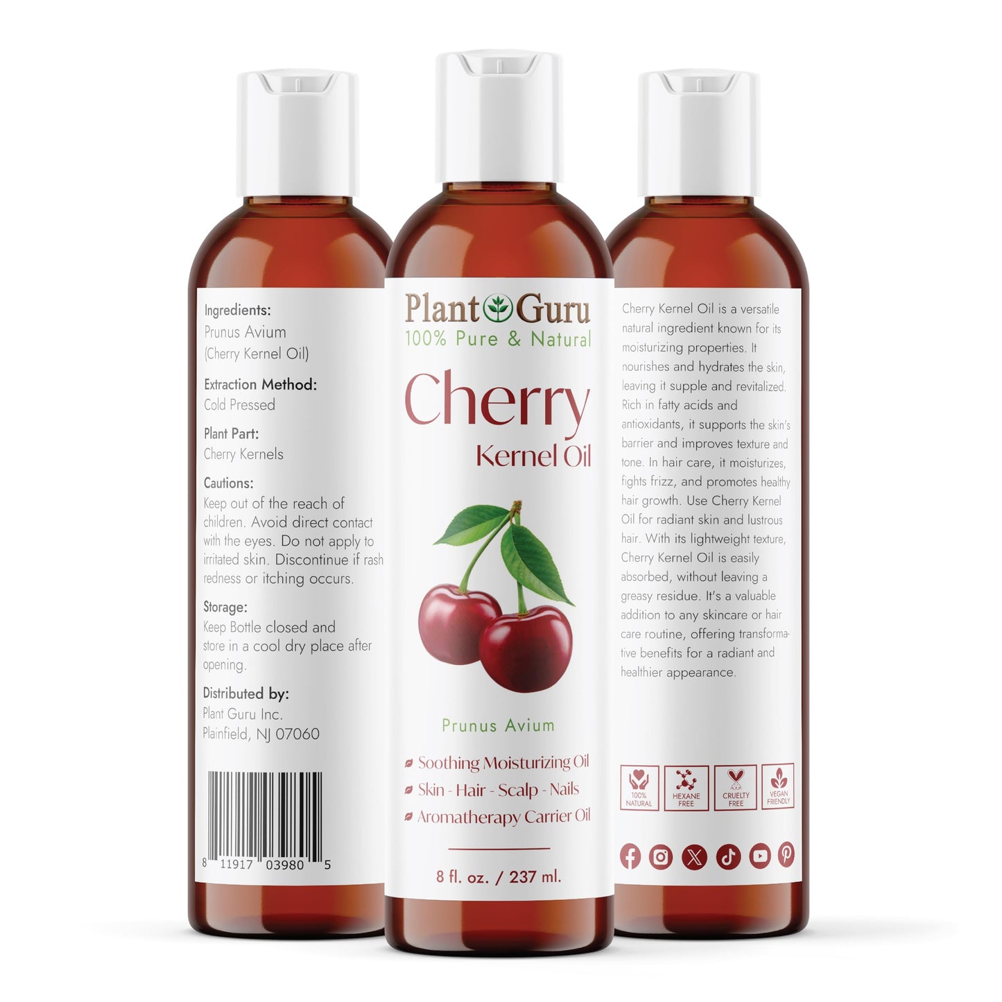 Plant Guru Cherry Kernel Oil 8 fl. oz. Cold Pressed 100% Pure & Natural Carrier - Skin, Face, Body & Hair Growth Moisturizer. Great for DIY Creams Beauty & Personal Care Plant Guru