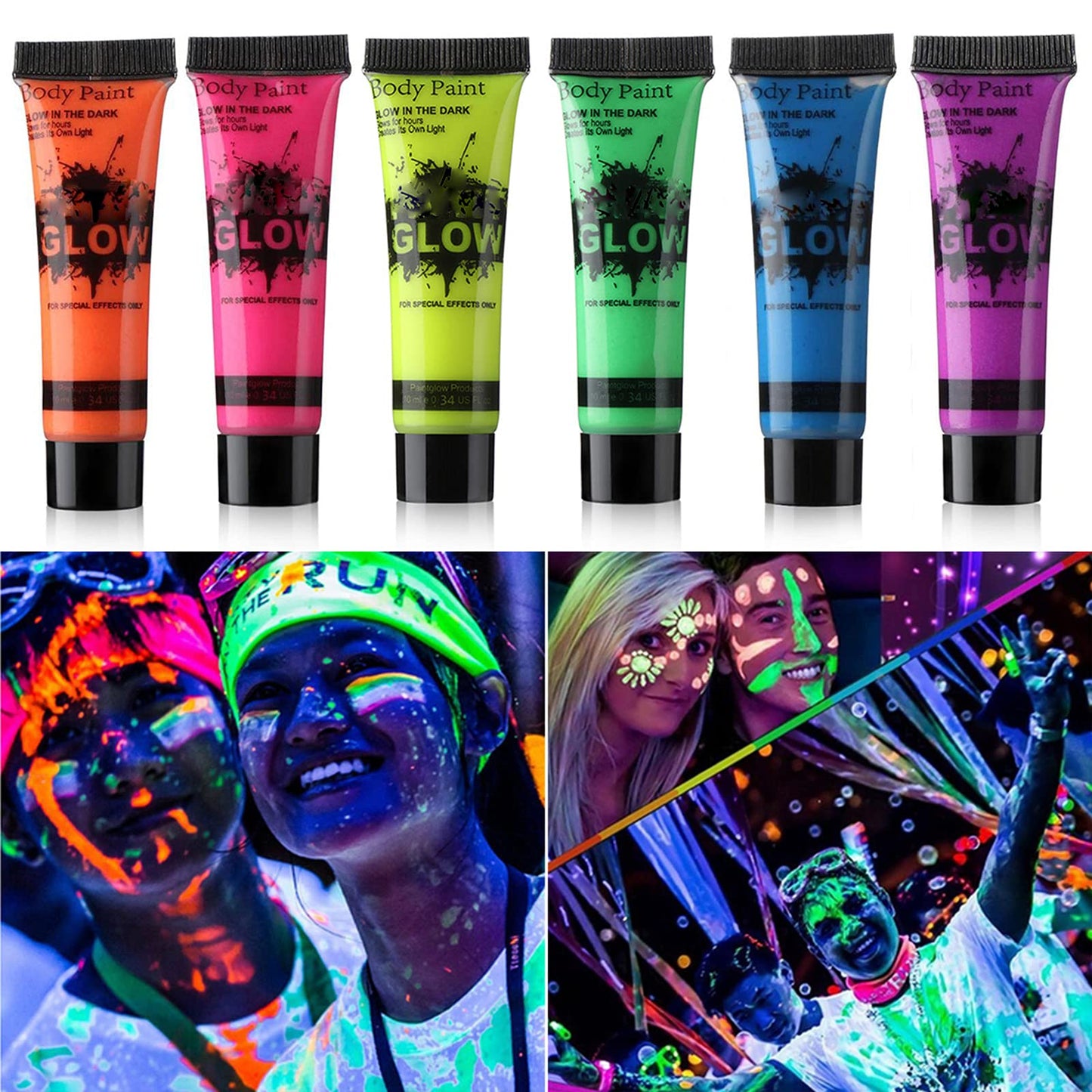 HomeHere Glow in Dark Face Body Paint UV Blacklight Neon Fluorescent 0.34oz Set of 6 Tubes Beauty & Personal Care HomeHere