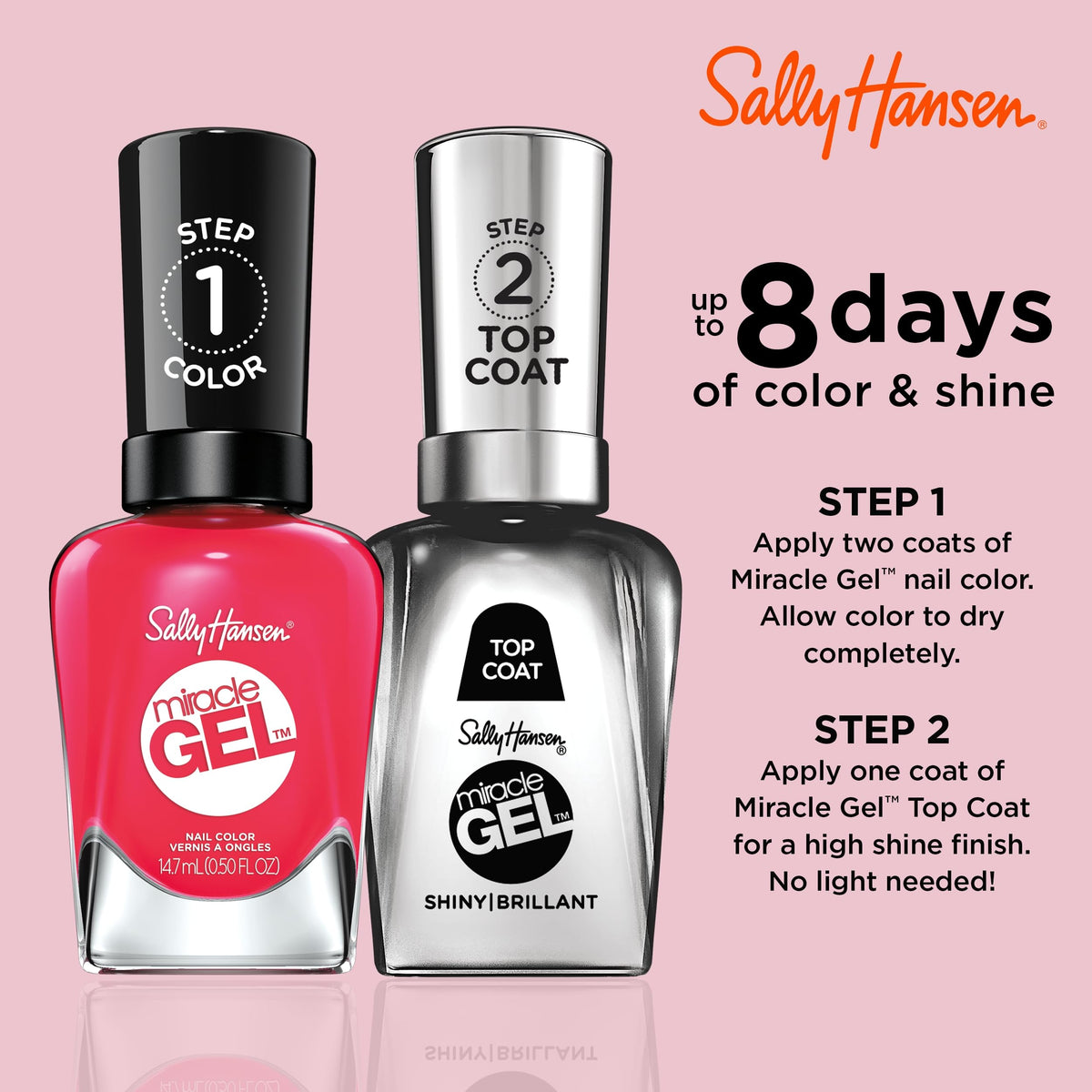 Sally Hansen Miracle Gel Salon Quality Nail Polish | Gel-Like Formula, Two-Step System, No UV Light Needed, Long Lasting | Opaque, Glossy | 329 Pink