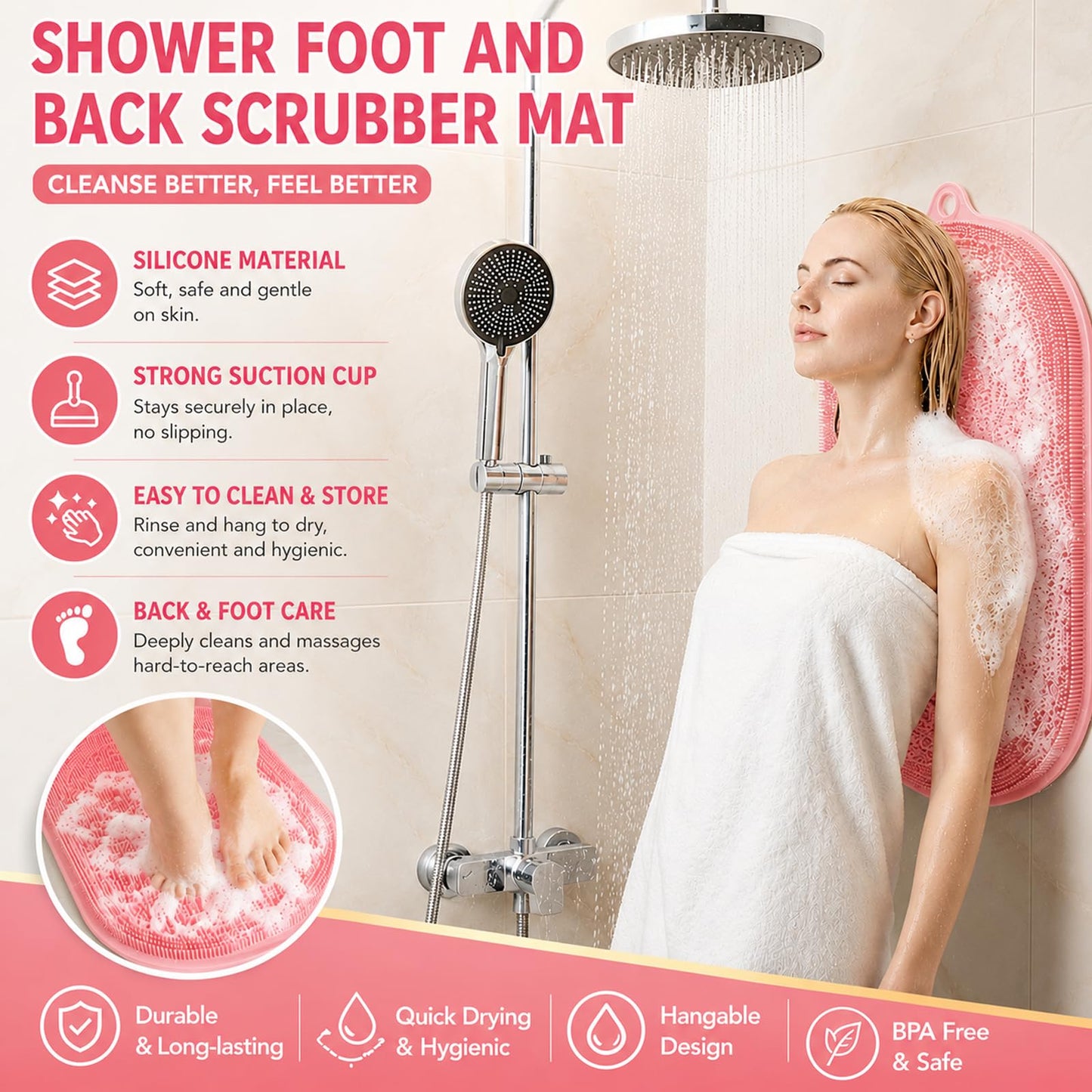 21.3" Silicone Foot & Back Scrubber Mat, Non-Slip Suction Cups Pink Beauty and Personal Care BARRYSAIL