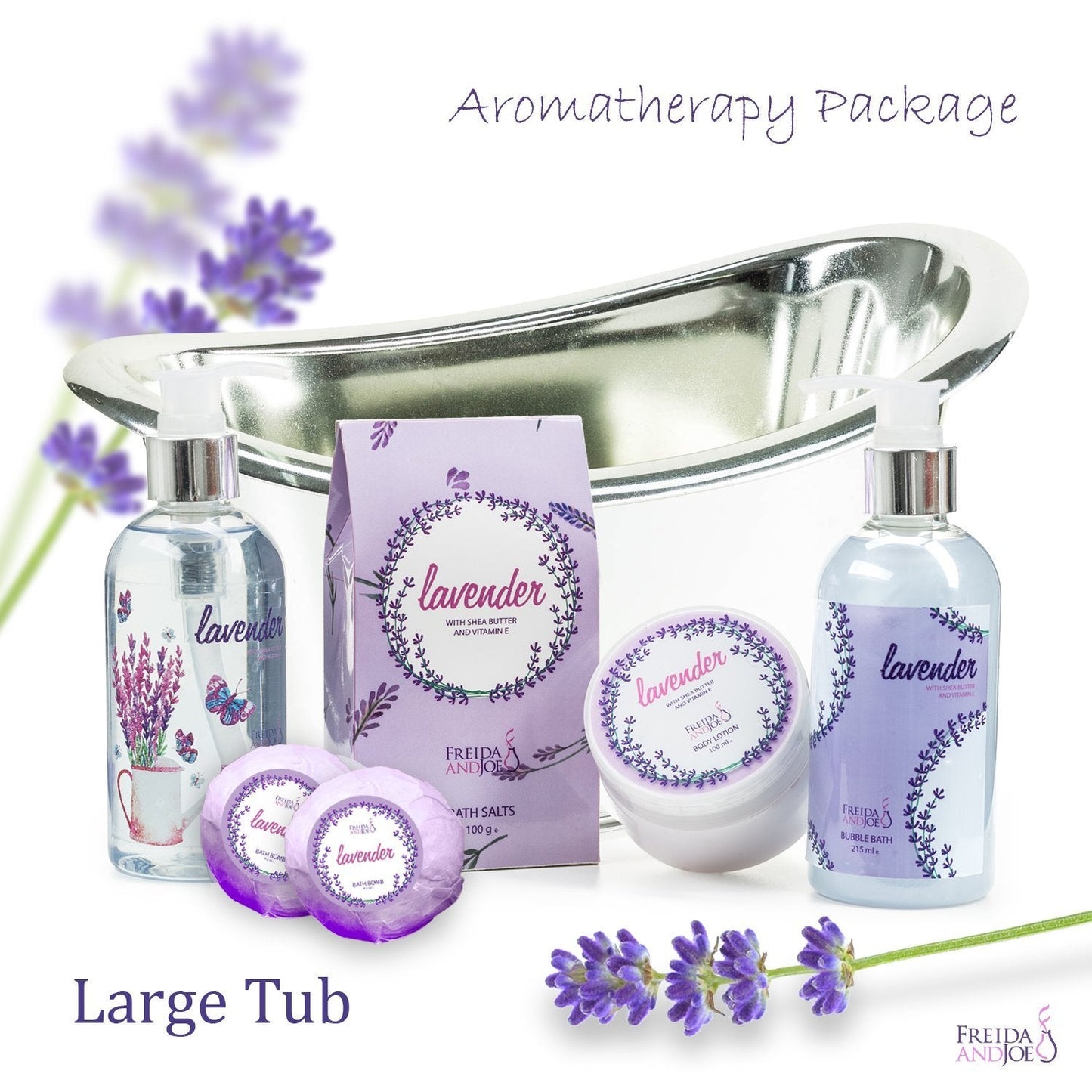 Aromatherapy Essentials Spa Set for Women in Large Silver Tub Bath Set Includes 2 Bath Bombs, Body Lotion, Bath Salts, Shower Gel, and Bubble Bath Beauty & Personal Care Freida and Joe