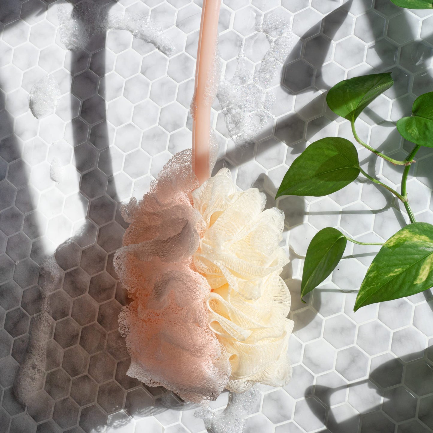 EcoTools 2-in-1 EcoPouf Bath Brush, Loofah Brush for Bath & Shower, with Long Handle & Recycled Netting for Cleansing & Exfoliating, Back Brush Beauty & Personal Care EcoTools