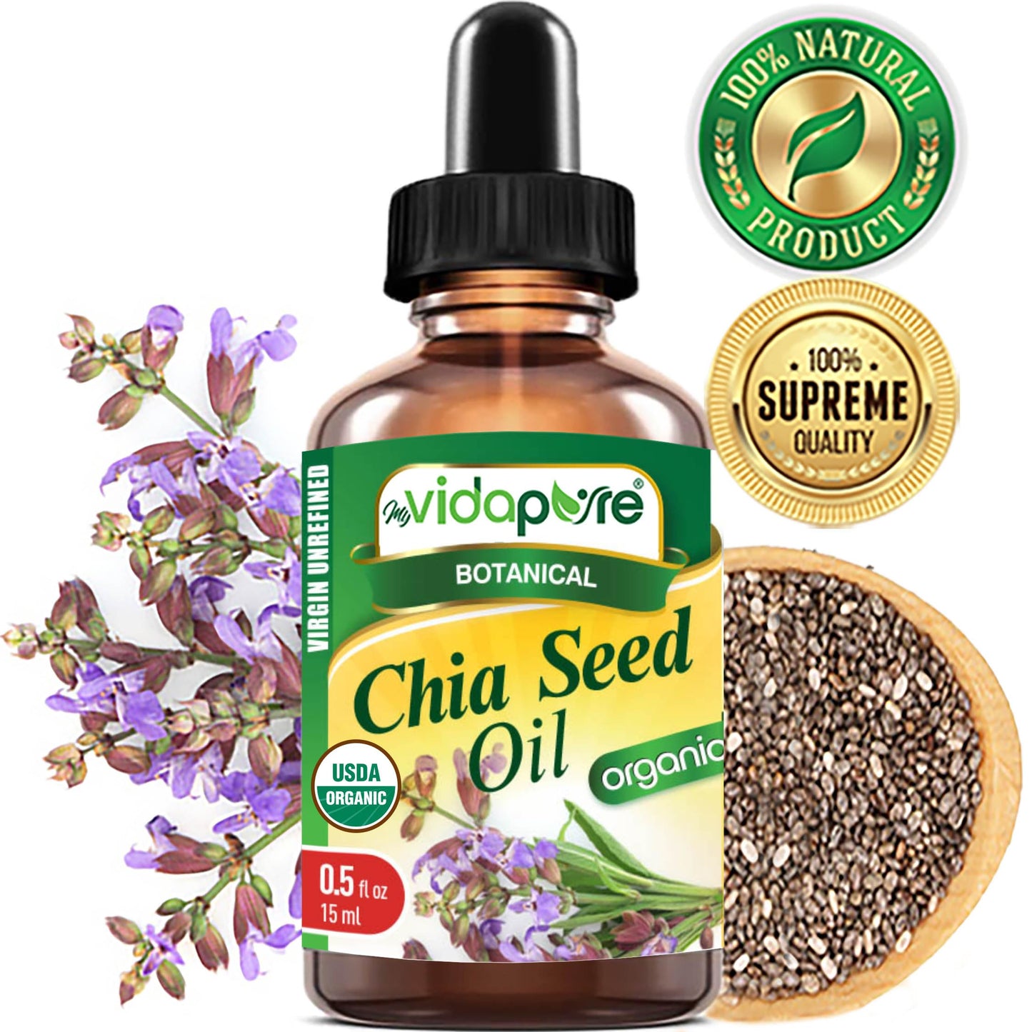 MYVIDAPURE Organic CHIA SEED OIL Certified Organic 100% Natural Pure VIRGIN UNREFINED Undiluted Cold Pressed Carrier Oil for Face Skin Body Hair Lip Beauty & Personal Care MYVIDAPURE