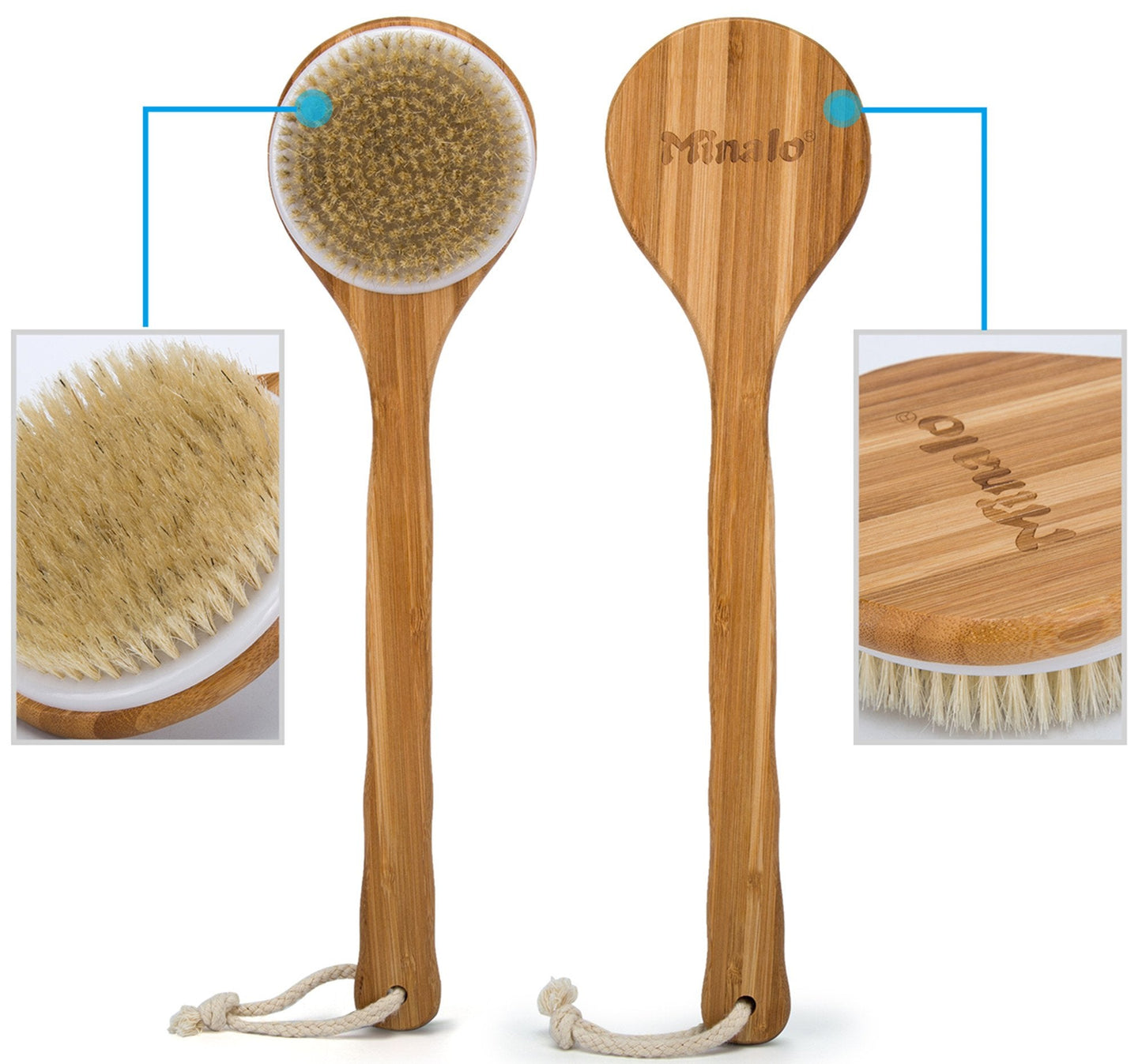 Minalo Best Bath Dry Body Brush -Natural Boar Bristles Shower Back Scrubber With Long Handle for Cellulite, Exfoliation, Detox Beauty and Personal Care Minalo
