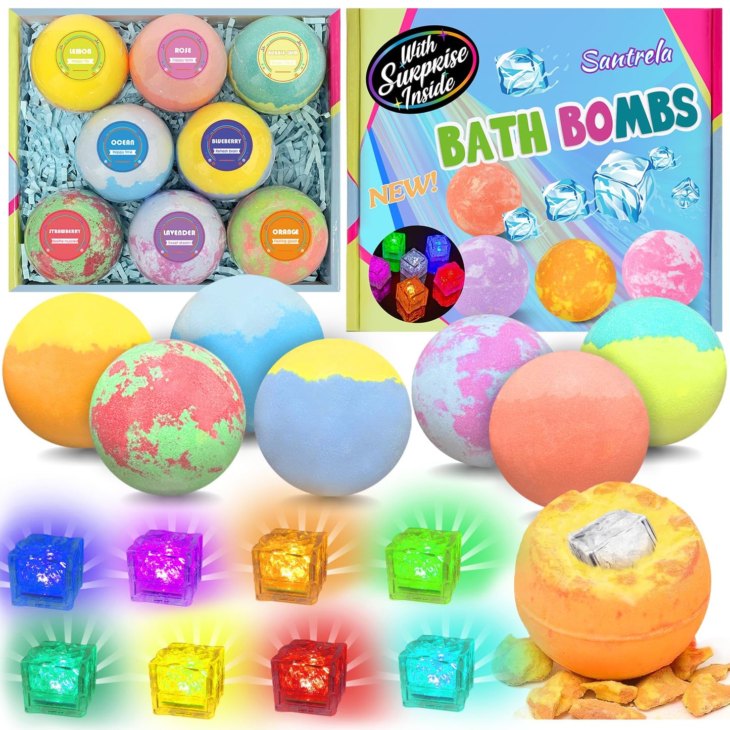 Bath Bombs for Kids with Surprise Toys Inside, 8 Pcs 3.5 Oz Light Up Bath Bombs Gift Set with Essential Oils, Handmade Spa Moisturizing for Women Beauty and Personal Care Santrela