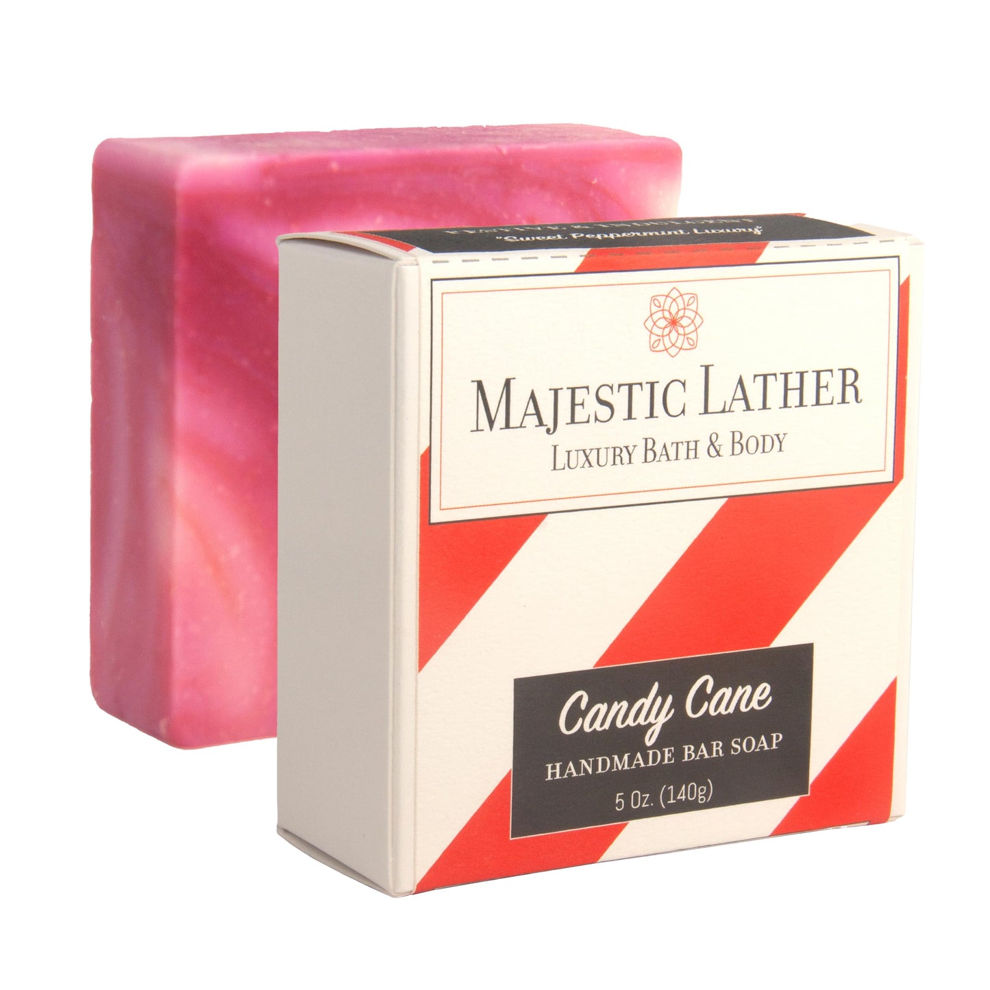 Candy Cane Luxury Bar Soap for Face & Body. For Men & Women. All Skin Types. Natural Cold Process Made in the USA. Sweet Peppermint. Perfect Beauty & Personal Care Majestic Lather