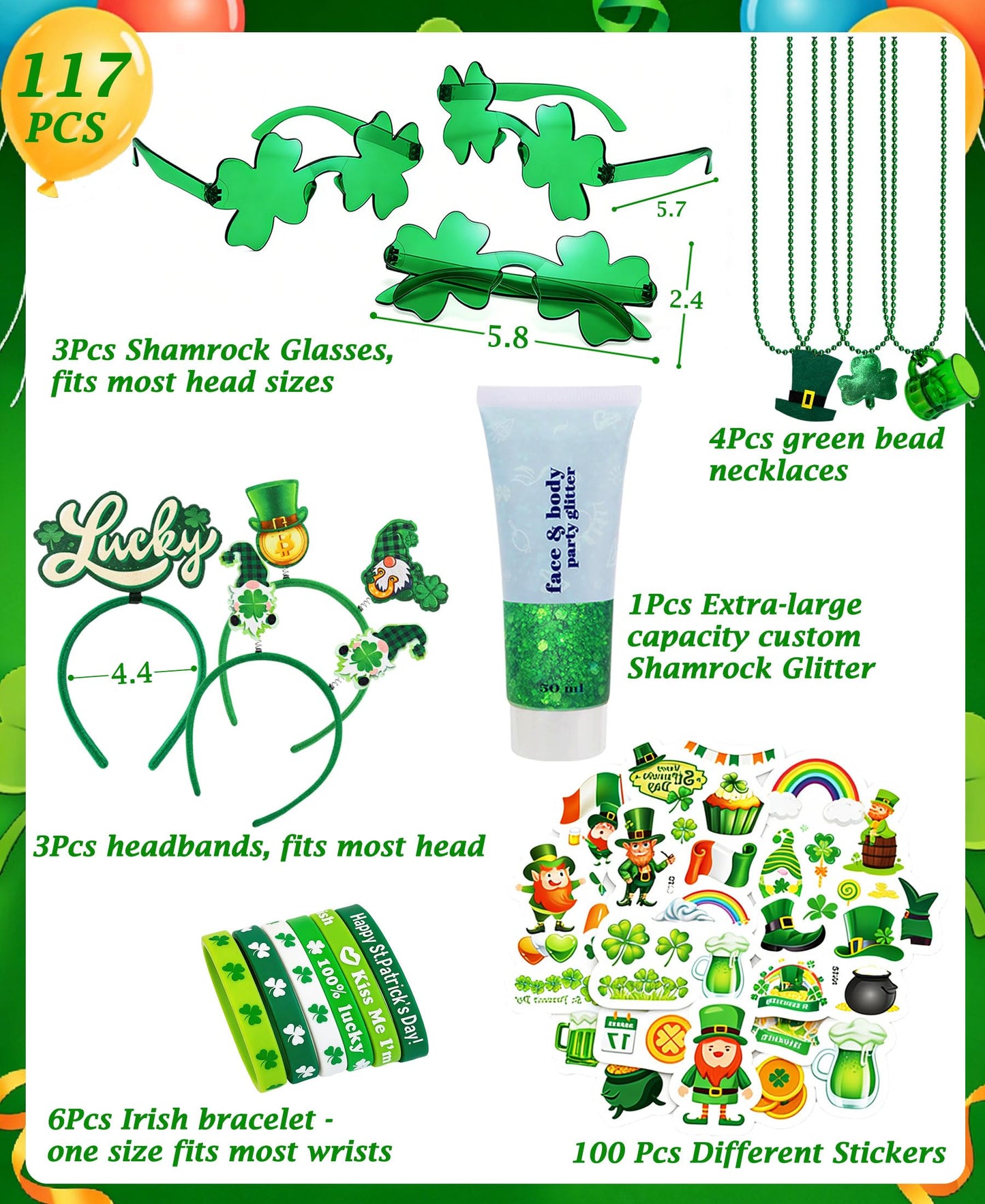 Qaeshi 117 Pcs St Patricks Day All-in-One Accessories Kit, Skin-Friendly Custom Shamrock Green Glitter Gel Irish Party Favors Supplies Shamrock Beauty & Personal Care Qaeshi