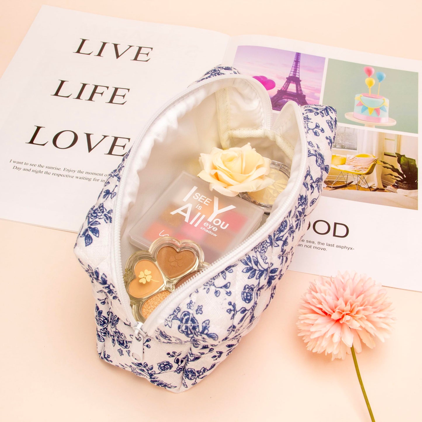 PAZIMIIK Small Quilted Makeup Bag,Zipper Cosmetic Pouch,Jouy Blue Beauty and Personal Care PAZIMIIK