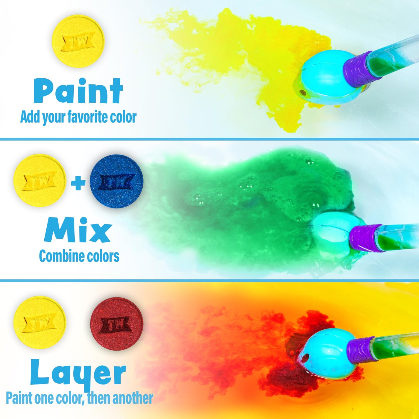 Tub Works® Bath Color Brush™ Kids Bath Bomb Set - Nontoxic & Fragrance-Free - Use Brush to Paint Water with Vibrant, Fizzing Colors - Fun BathBombs Beauty and Personal Care Tub Works